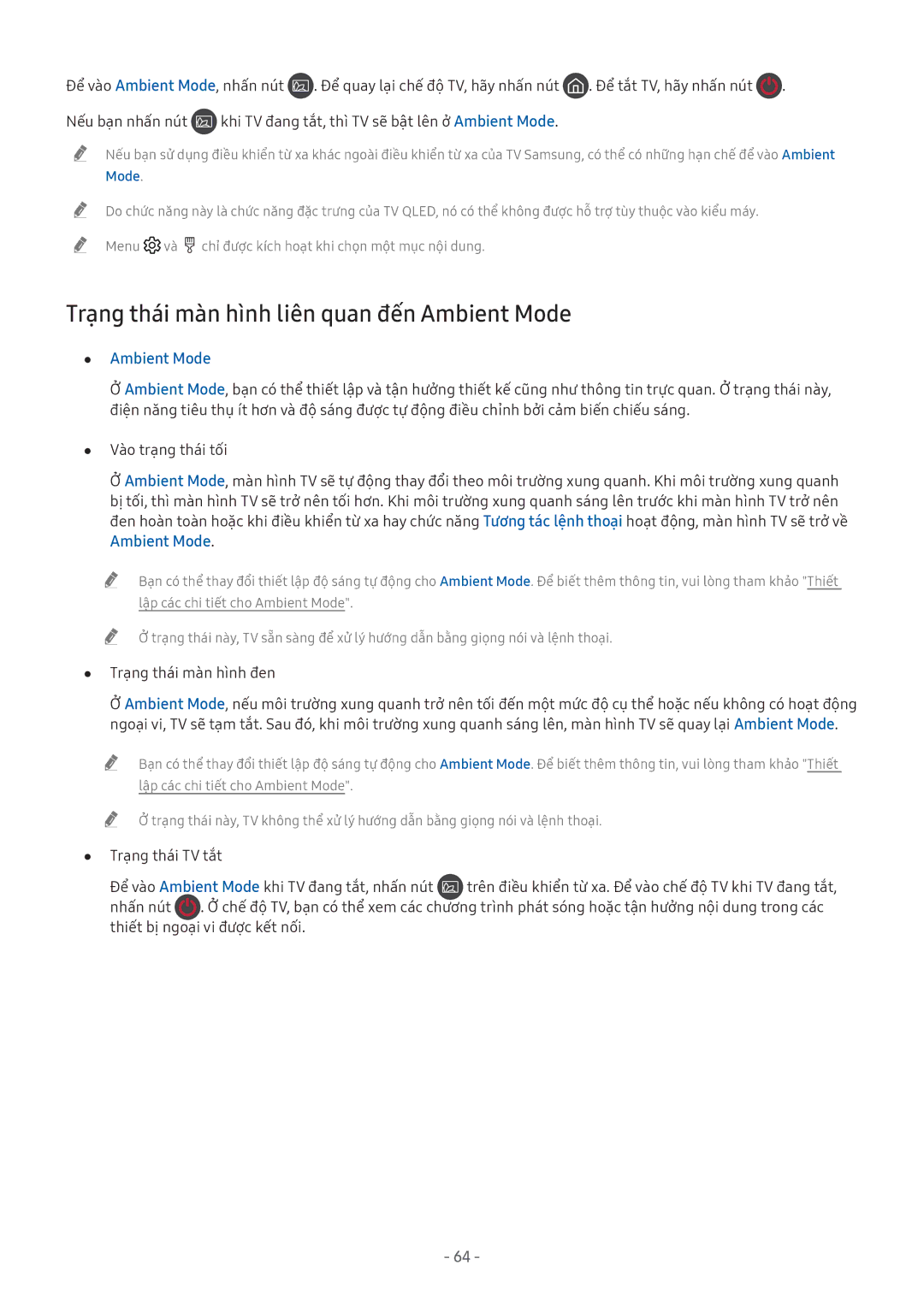 Samsung UA55NU8500KXXV, UA55NU7100KXXV, UA65NU7100KXXV, UA82NU8000KXXV manual Trạng thái màn hình liên quan đến Ambient Mode 