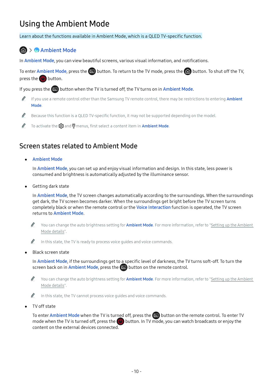 Samsung QA65Q9FNAKXXV, UA55NU7100KXXV, UA65NU7100KXXV manual Using the Ambient Mode, Screen states related to Ambient Mode 