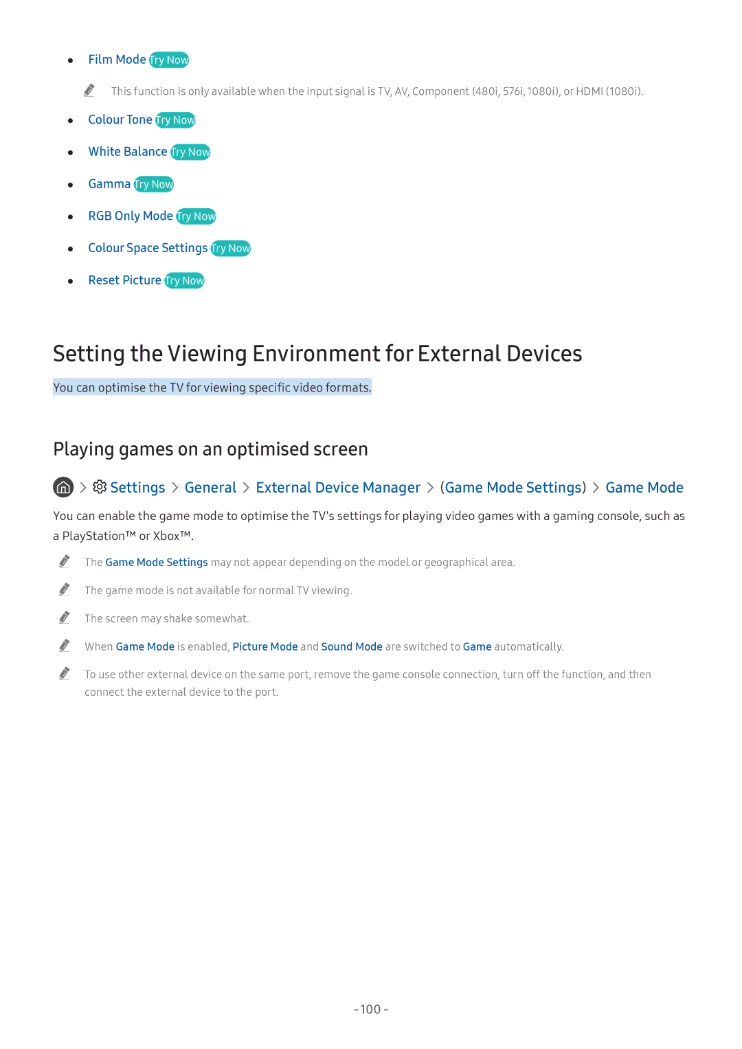 Samsung QA55Q8CNAKXXV Setting the Viewing Environment for External Devices, Playing games on an optimised screen, 100 