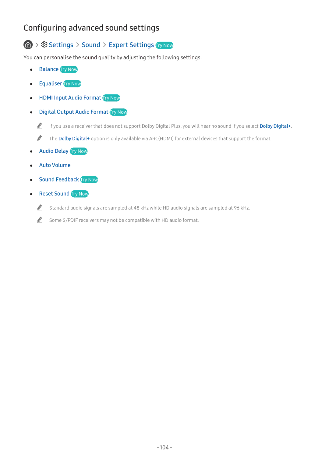 Samsung UA55NU8000KXXV, UA55NU7100KXXV Configuring advanced sound settings, Settings Sound Expert Settings Try Now, 104 