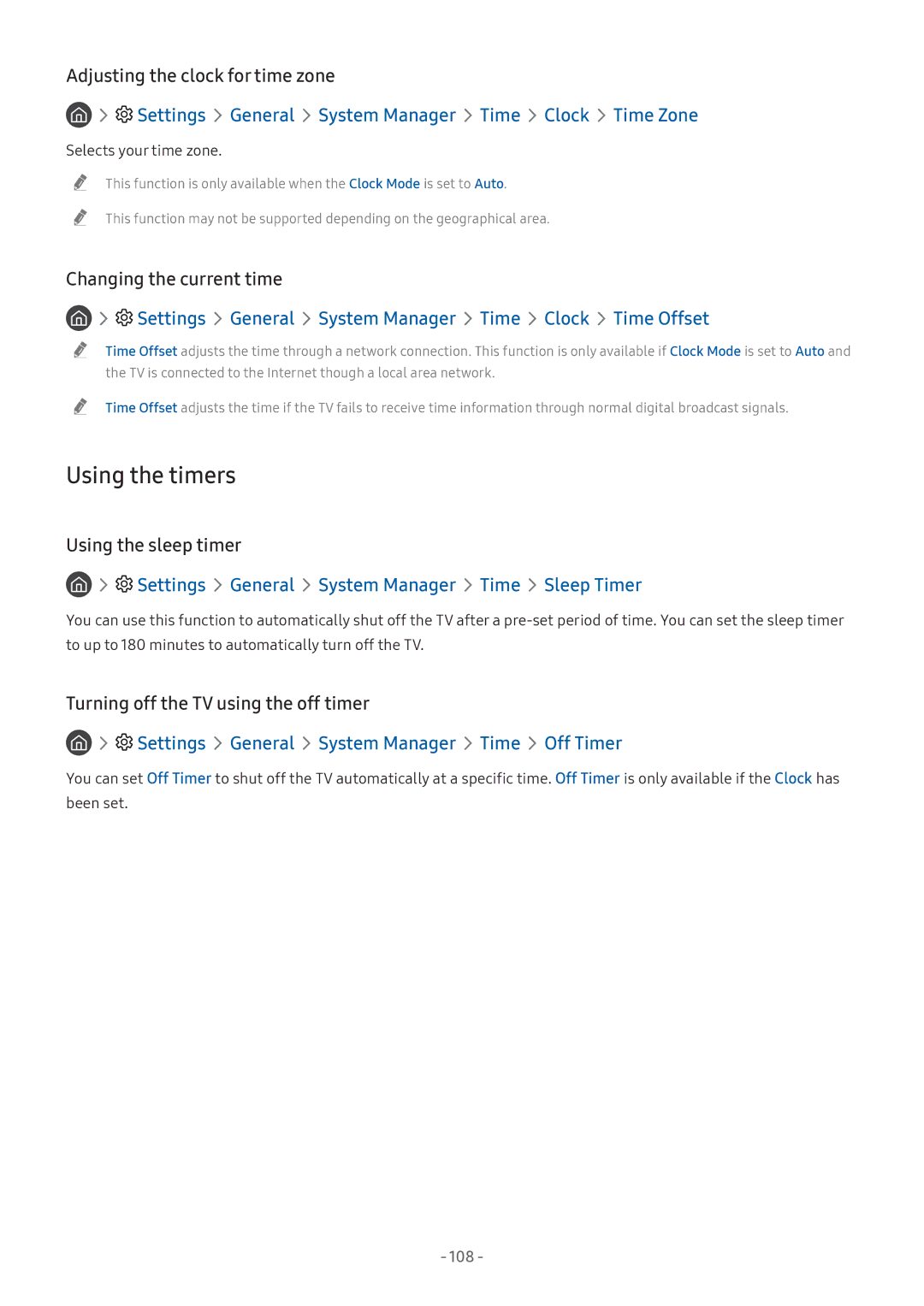 Samsung QA75Q7FNAKXXV, UA55NU7100KXXV, QA65Q8CNAKXXV Using the timers, Settings General System Manager Time Clock Time Zone 