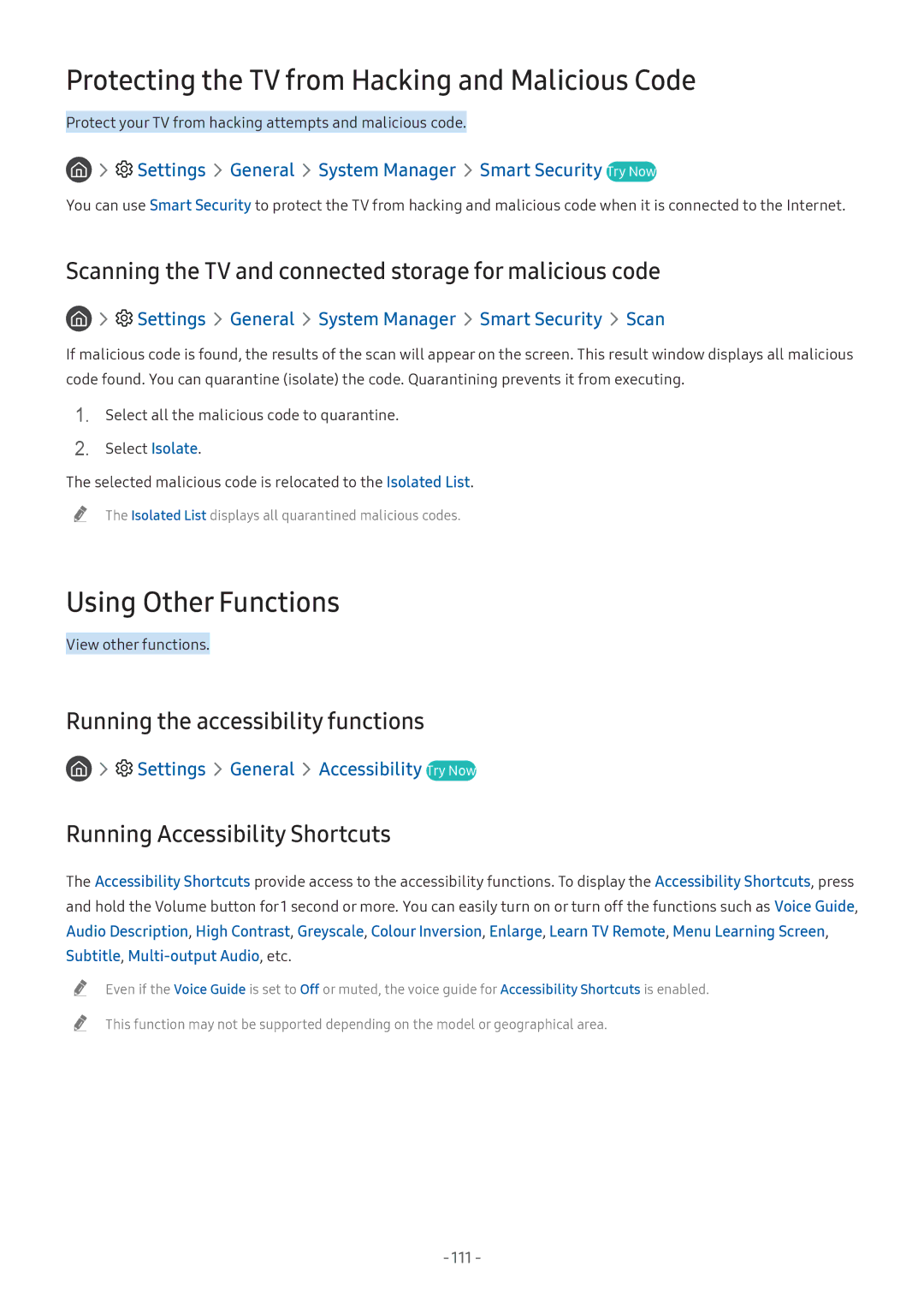 Samsung QA55Q7FNAKXXV, UA55NU7100KXXV manual Protecting the TV from Hacking and Malicious Code, Using Other Functions 