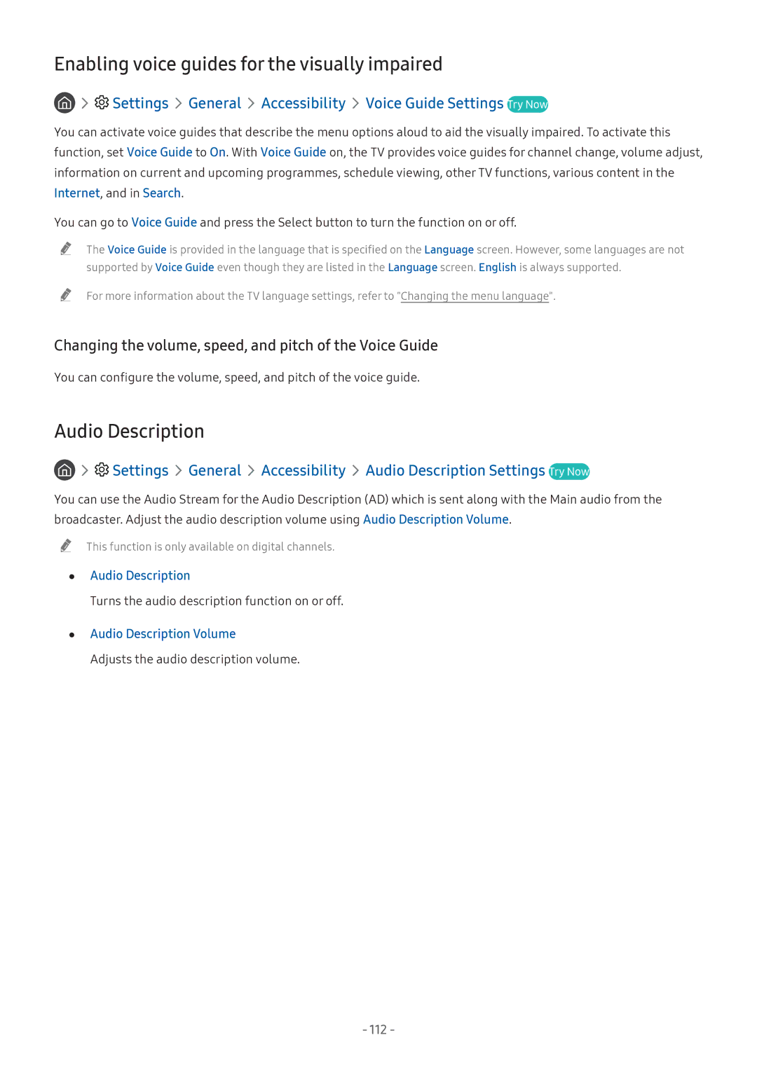 Samsung UA49NU7300KXXV, UA55NU7100KXXV manual Enabling voice guides for the visually impaired, Audio Description, 112 