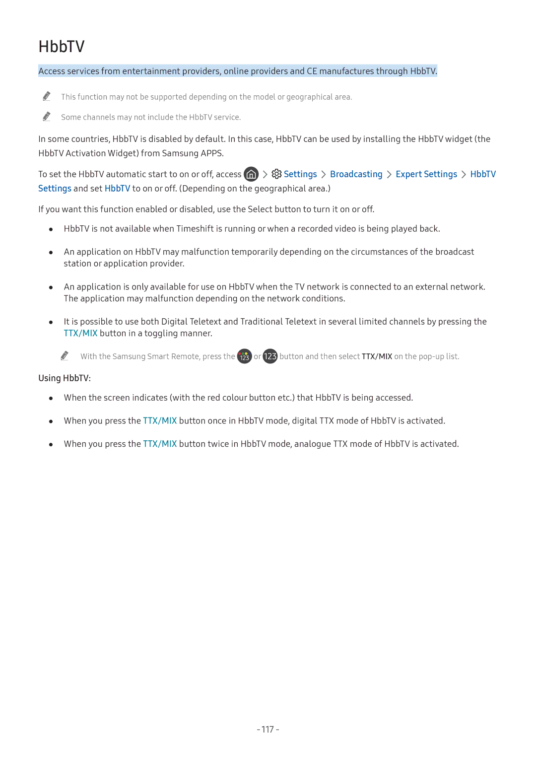 Samsung UA65NU7100KXXV, UA55NU7100KXXV, UA82NU8000KXXV, QA65Q8CNAKXXV Settings Broadcasting Expert Settings HbbTV, 117 