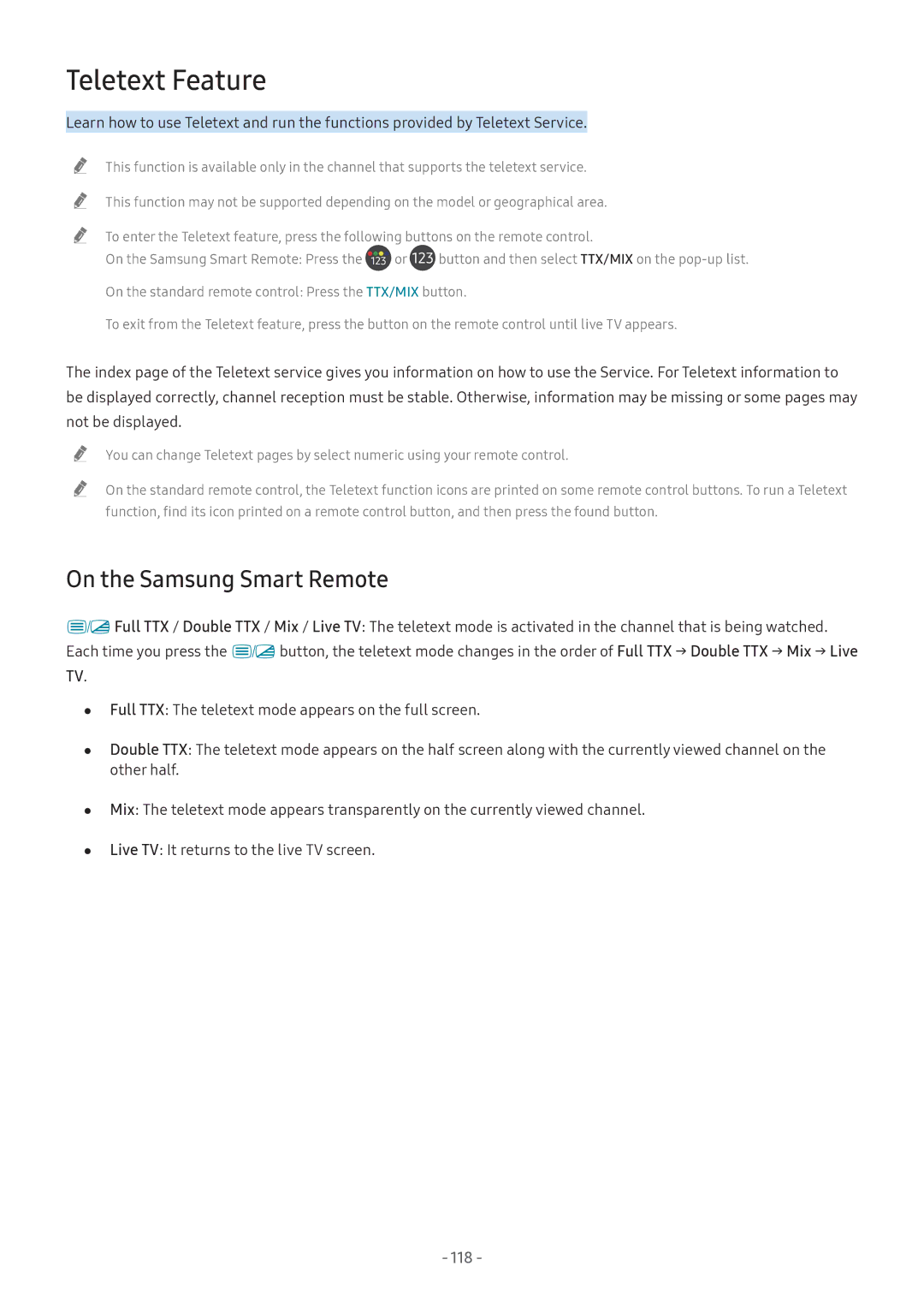 Samsung UA82NU8000KXXV, UA55NU7100KXXV, UA65NU7100KXXV, QA65Q8CNAKXXV Teletext Feature, On the Samsung Smart Remote, 118 