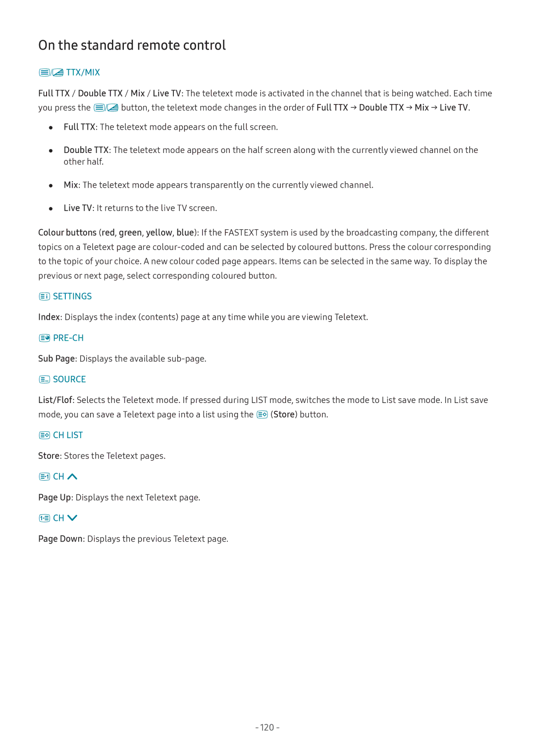 Samsung QA75Q9FNAKXXV, UA55NU7100KXXV, UA65NU7100KXXV, UA82NU8000KXXV, QA65Q8CNAKXXV manual On the standard remote control, 120 