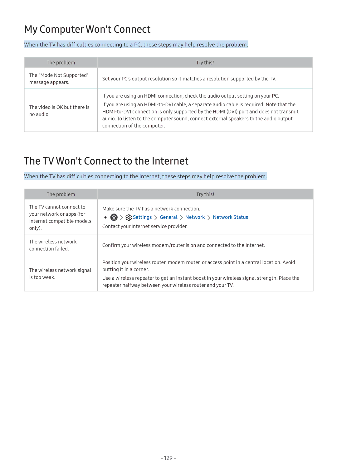 Samsung QA55Q8CNAKXXV, UA55NU7100KXXV, UA65NU7100KXXV manual My Computer Wont Connect, TV Wont Connect to the Internet, 129 