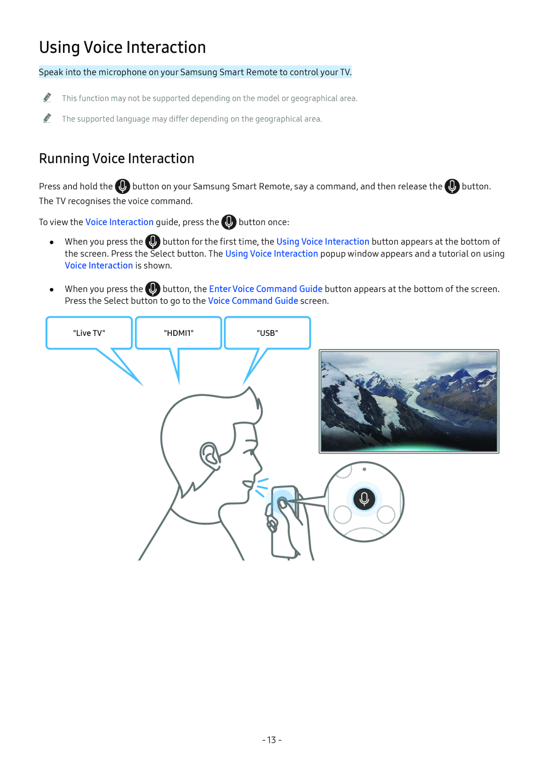 Samsung QA55Q8CNAKXXV, UA55NU7100KXXV, UA65NU7100KXXV, UA82NU8000KXXV Using Voice Interaction, Running Voice Interaction 