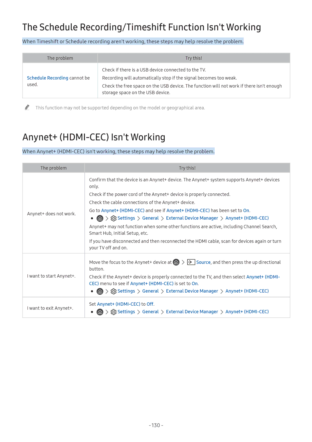 Samsung UA55NU7400KXXV manual Schedule Recording/Timeshift Function Isnt Working, Anynet+ HDMI-CEC Isnt Working, 130 