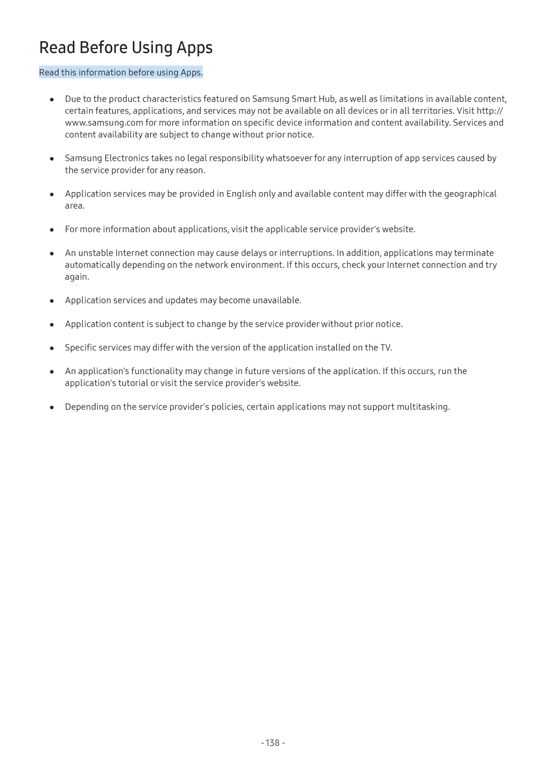 Samsung UA50NU7400KXXV, UA55NU7100KXXV, UA65NU7100KXXV, UA82NU8000KXXV, QA65Q8CNAKXXV manual Read Before Using Apps, 138 