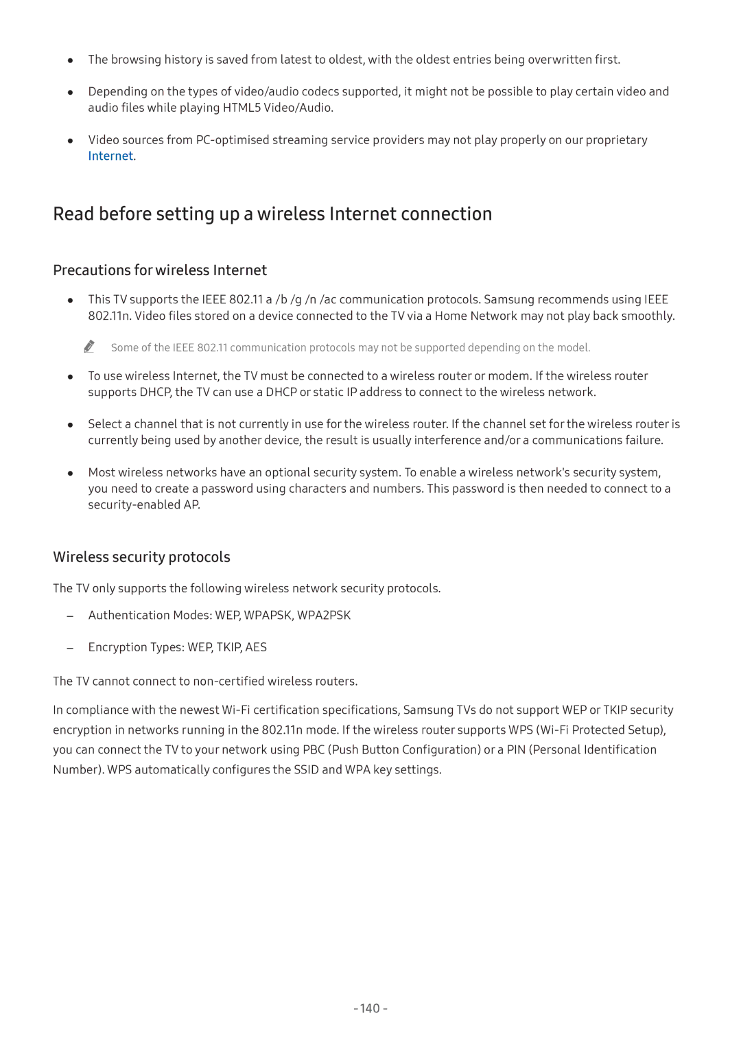 Samsung QA55Q7FNAKXXV manual Read before setting up a wireless Internet connection, Precautions for wireless Internet, 140 