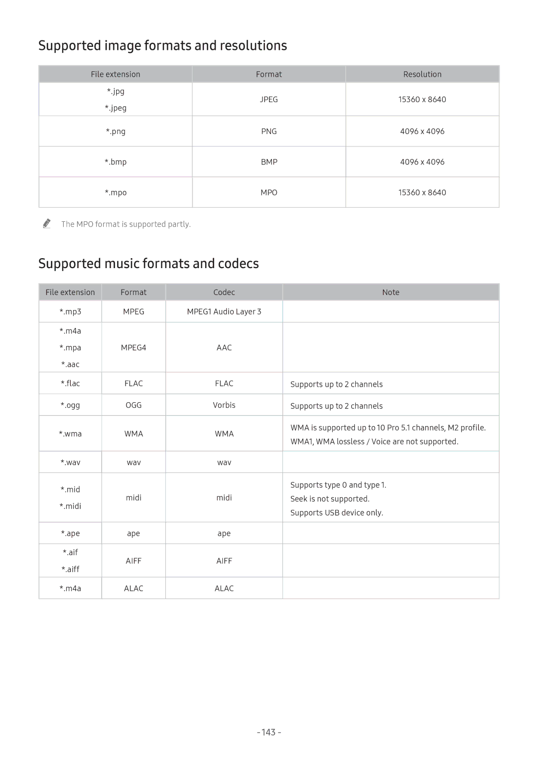 Samsung UA65NU7500KXXV, UA55NU7100KXXV Supported image formats and resolutions, Supported music formats and codecs, 143 