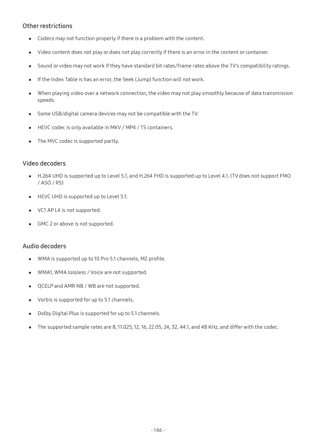 Samsung UA65NU7100KXXV, UA55NU7100KXXV, UA82NU8000KXXV manual Other restrictions, Video decoders, Audio decoders, 146 