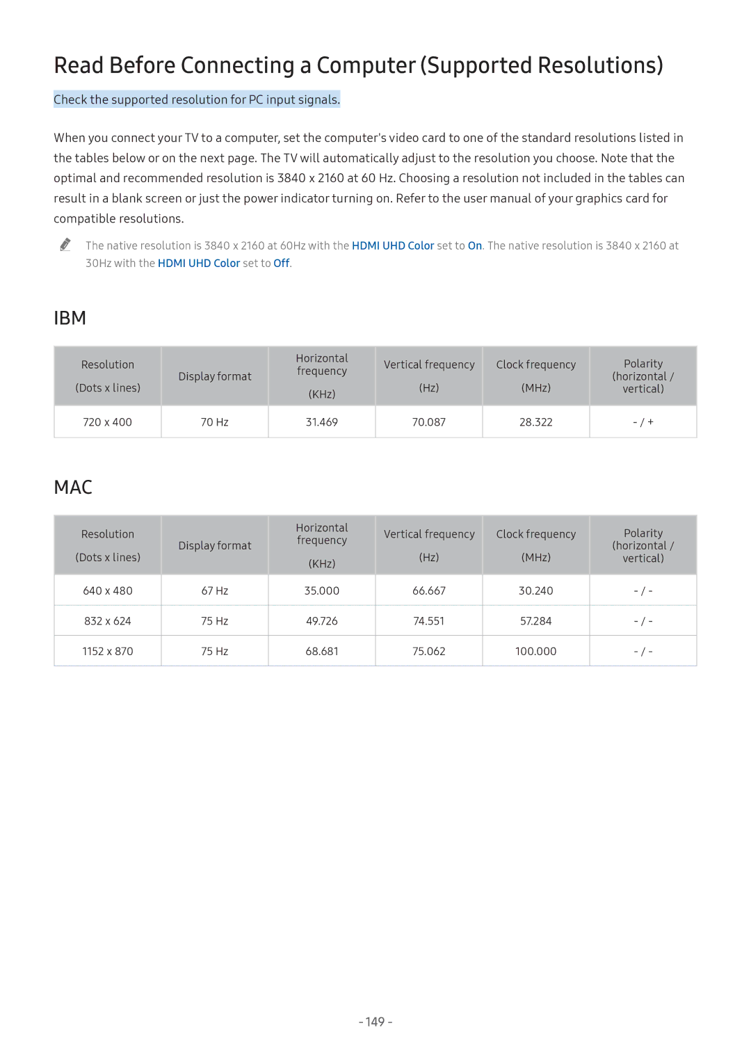 Samsung QA75Q9FNAKXXV, UA55NU7100KXXV, UA65NU7100KXXV manual Read Before Connecting a Computer Supported Resolutions, 149 