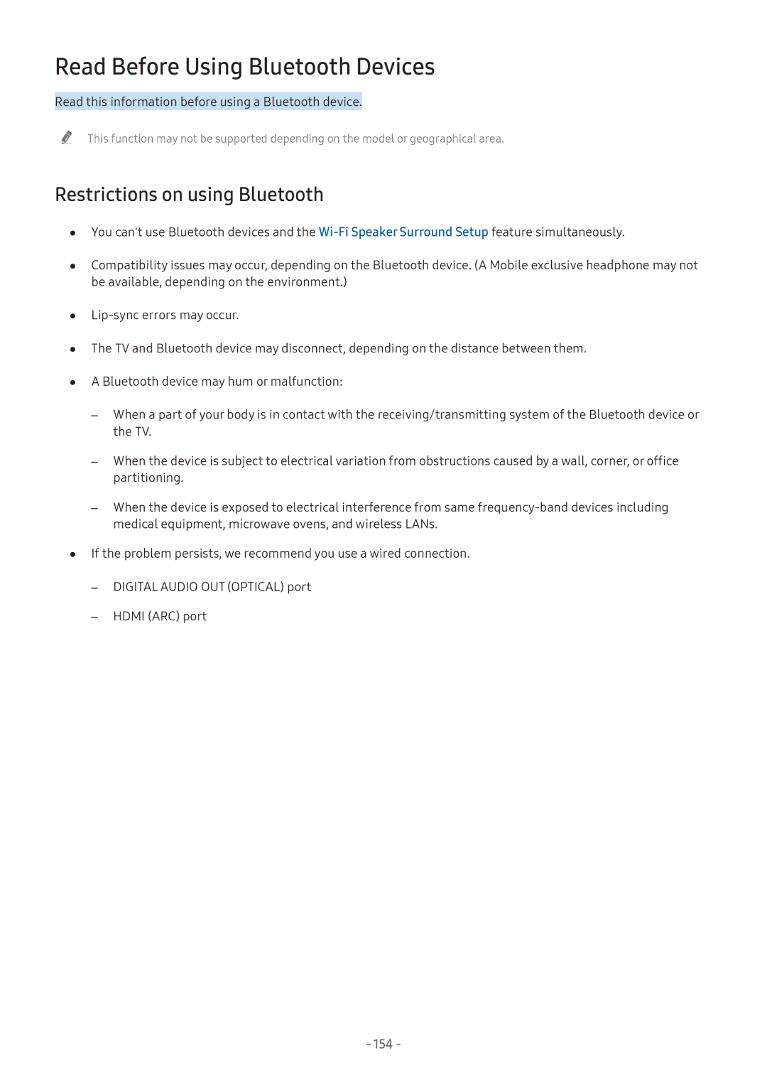 Samsung UA65NU8000KXXV, UA55NU7100KXXV manual Read Before Using Bluetooth Devices, Restrictions on using Bluetooth, 154 