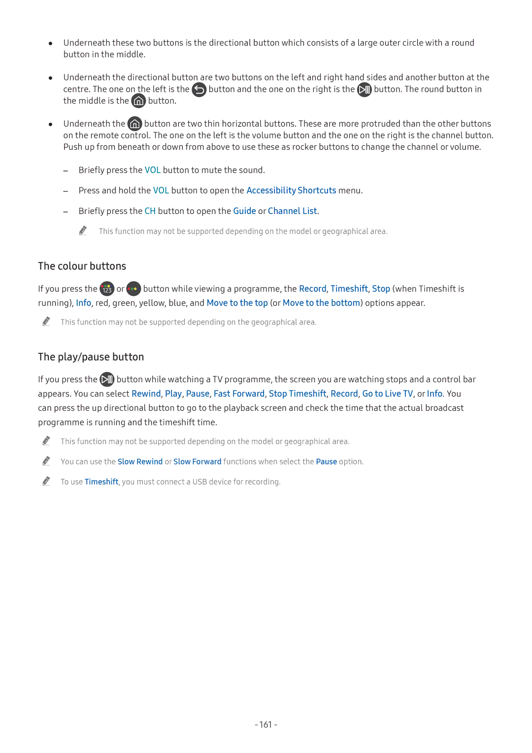 Samsung UA55NU7500KXXV, UA55NU7100KXXV, UA65NU7100KXXV, UA82NU8000KXXV, QA65Q8CNAKXXV Colour buttons, Play/pause button, 161 