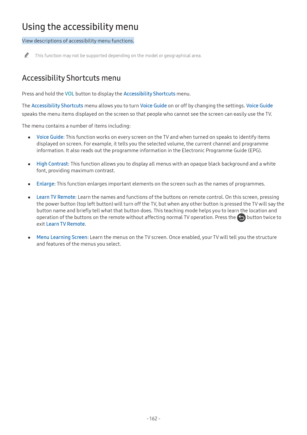 Samsung UA55NU8000KXXV, UA55NU7100KXXV, UA65NU7100KXXV manual Using the accessibility menu, Accessibility Shortcuts menu, 162 