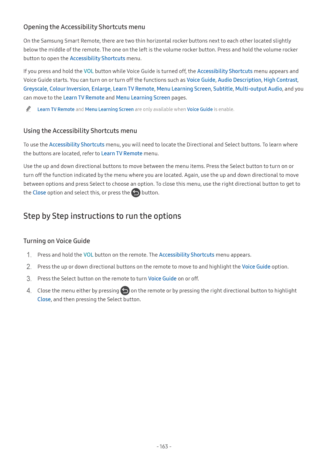 Samsung UA49NU7100KXXV manual Step by Step instructions to run the options, Opening the Accessibility Shortcuts menu, 163 