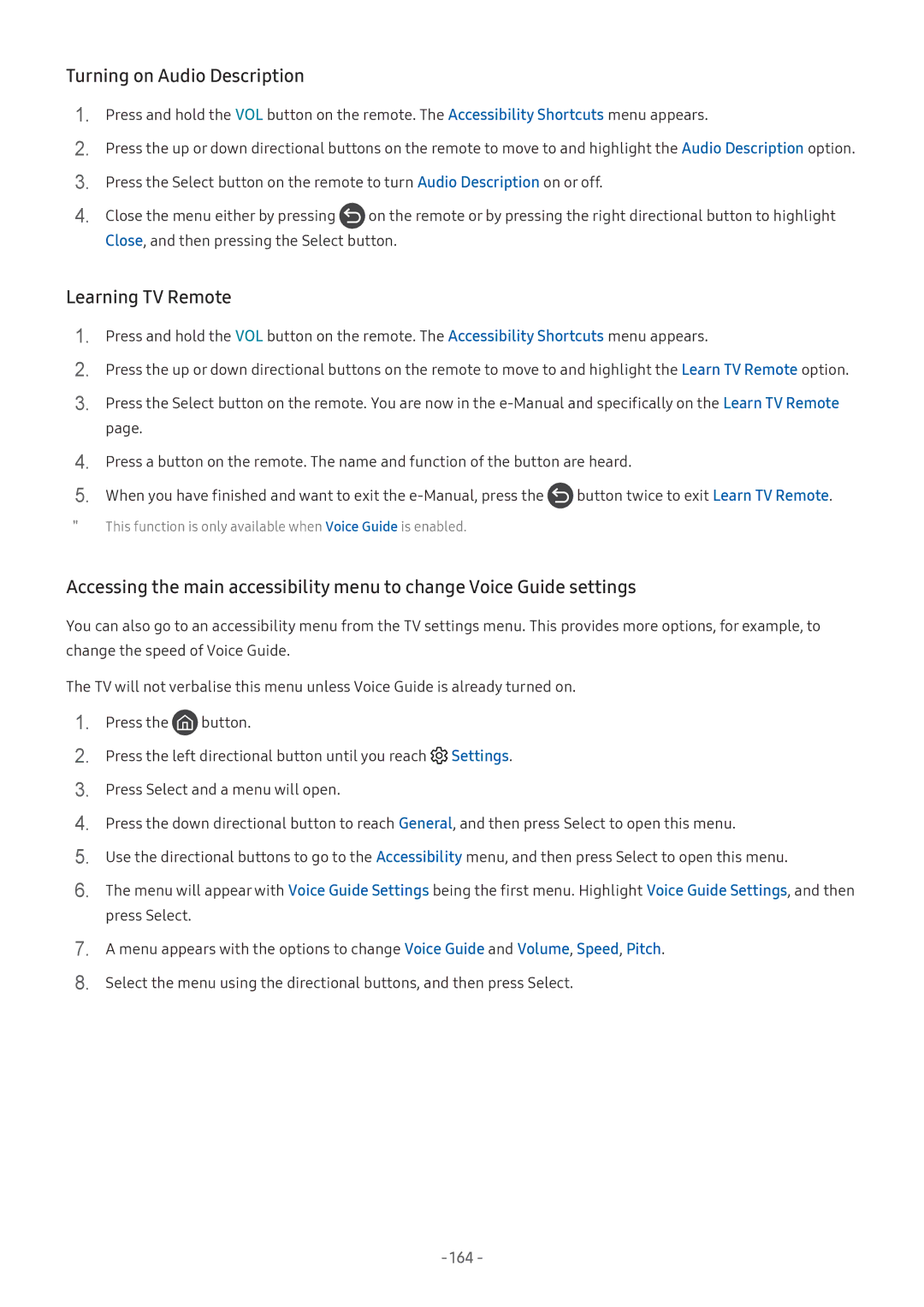 Samsung UA49NU7500KXXV, UA55NU7100KXXV, UA65NU7100KXXV, UA82NU8000KXXV Turning on Audio Description, Learning TV Remote, 164 