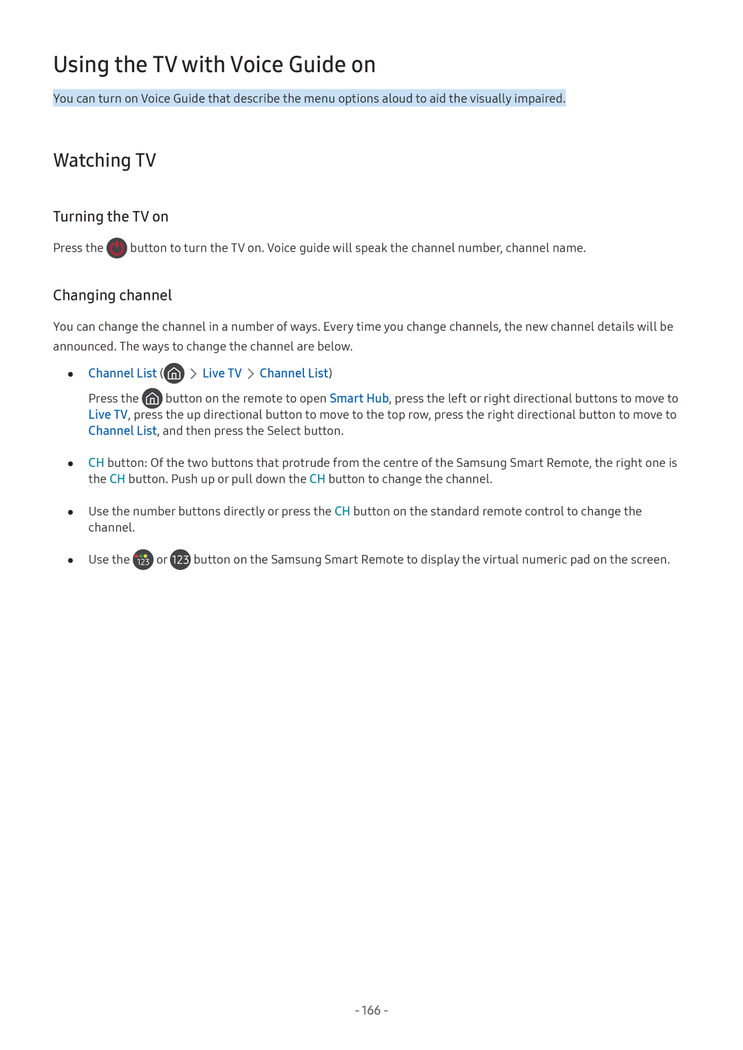 Samsung QA75Q7FNAKXXV manual Using the TV with Voice Guide on, Watching TV, Turning the TV on, Changing channel, 166 