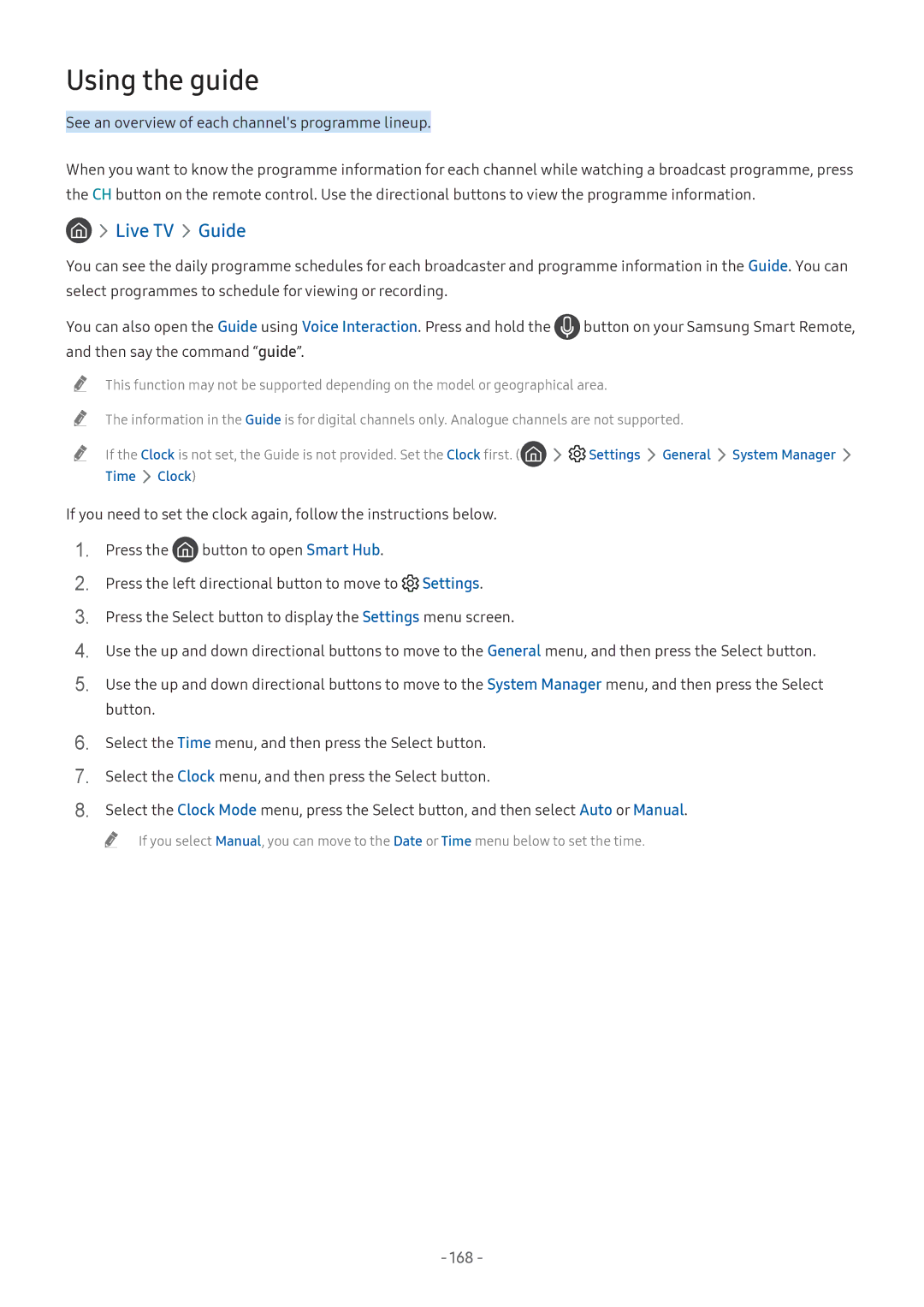 Samsung UA75NU8000KXXV, UA55NU7100KXXV, UA65NU7100KXXV, UA82NU8000KXXV, QA65Q8CNAKXXV Using the guide, Live TV Guide, 168 