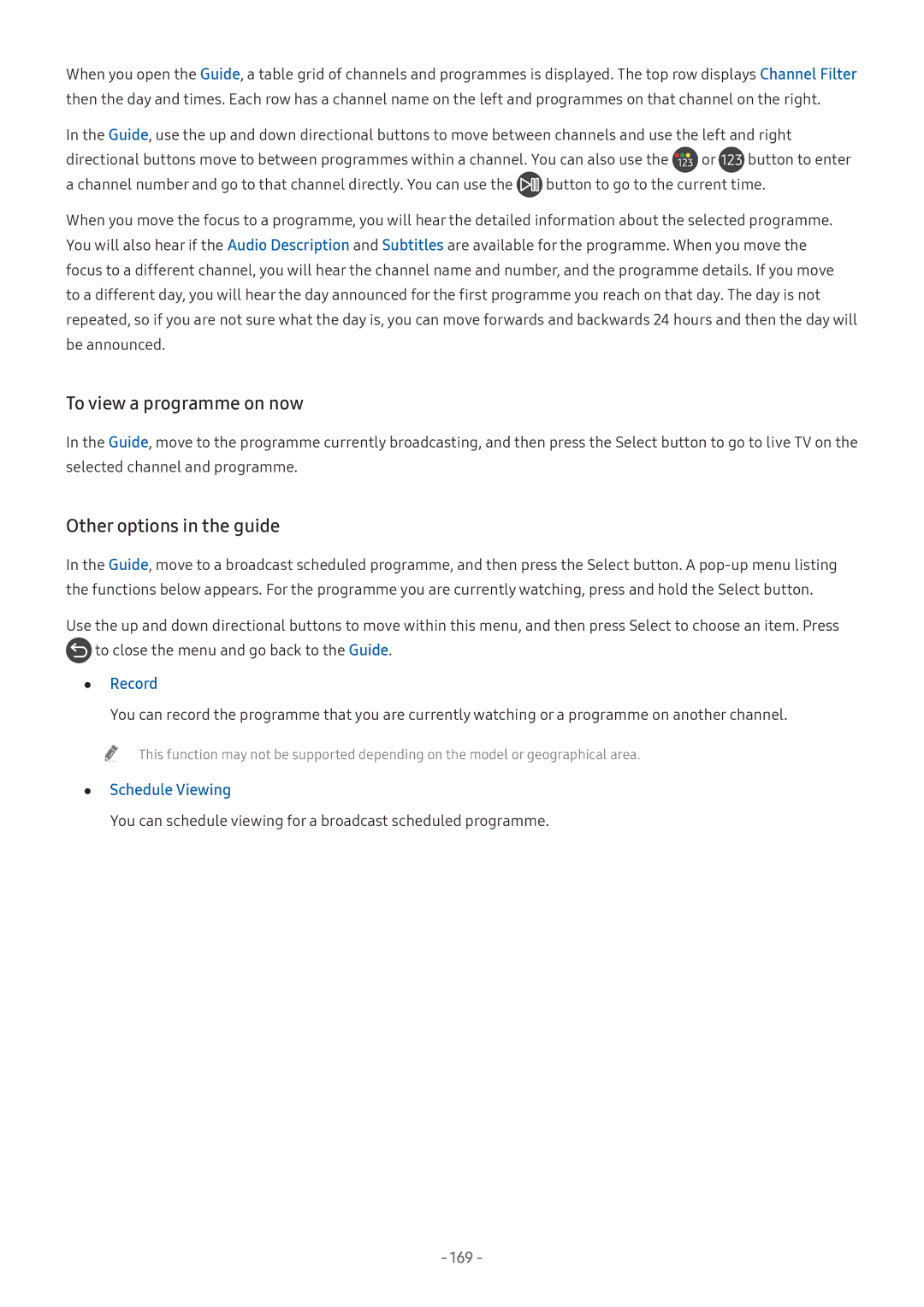 Samsung QA55Q7FNAKXXV, UA55NU7100KXXV manual To view a programme on now, Other options in the guide, Schedule Viewing, 169 