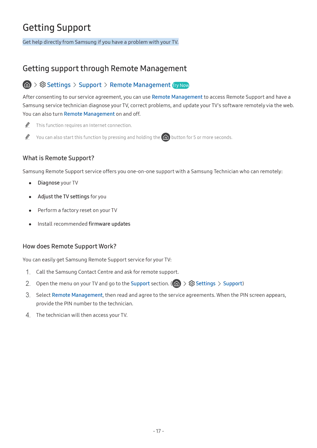 Samsung UA55NU8000KXXV, UA55NU7100KXXV Getting Support, Getting support through Remote Management, What is Remote Support? 