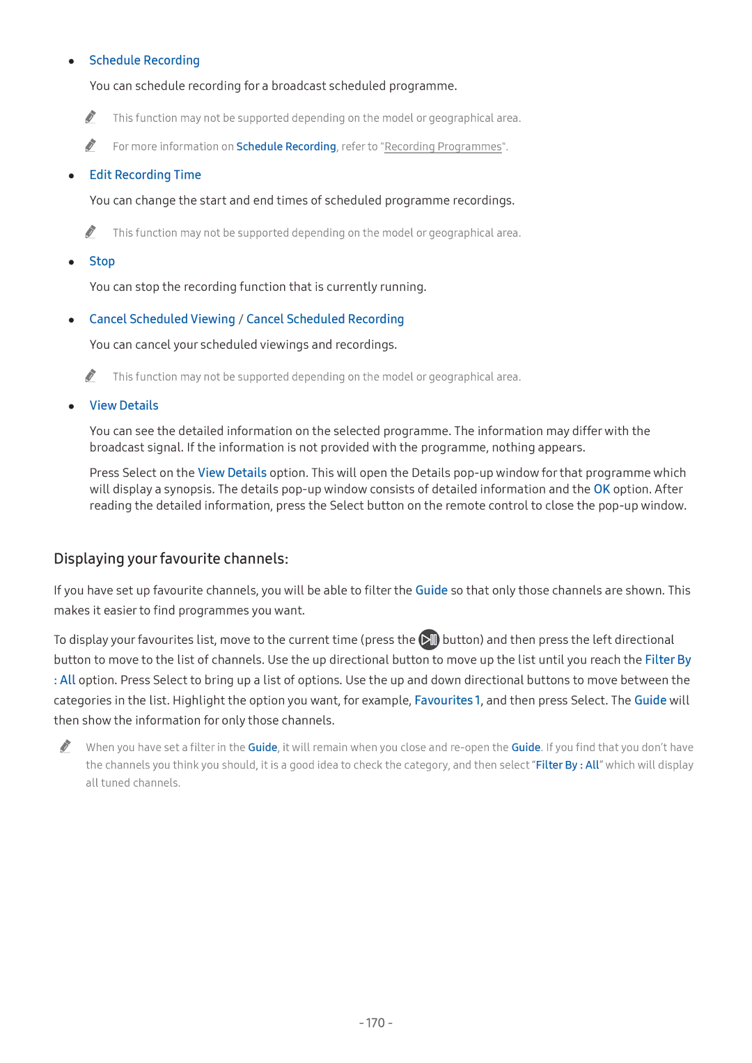 Samsung UA49NU7300KXXV, UA55NU7100KXXV Displaying your favourite channels, Schedule Recording, Stop, View Details, 170 