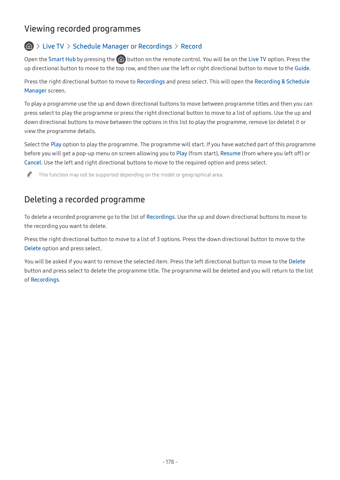 Samsung QA75Q9FNAKXXV, UA55NU7100KXXV Deleting a recorded programme, Live TV Schedule Manager or Recordings Record, 178 