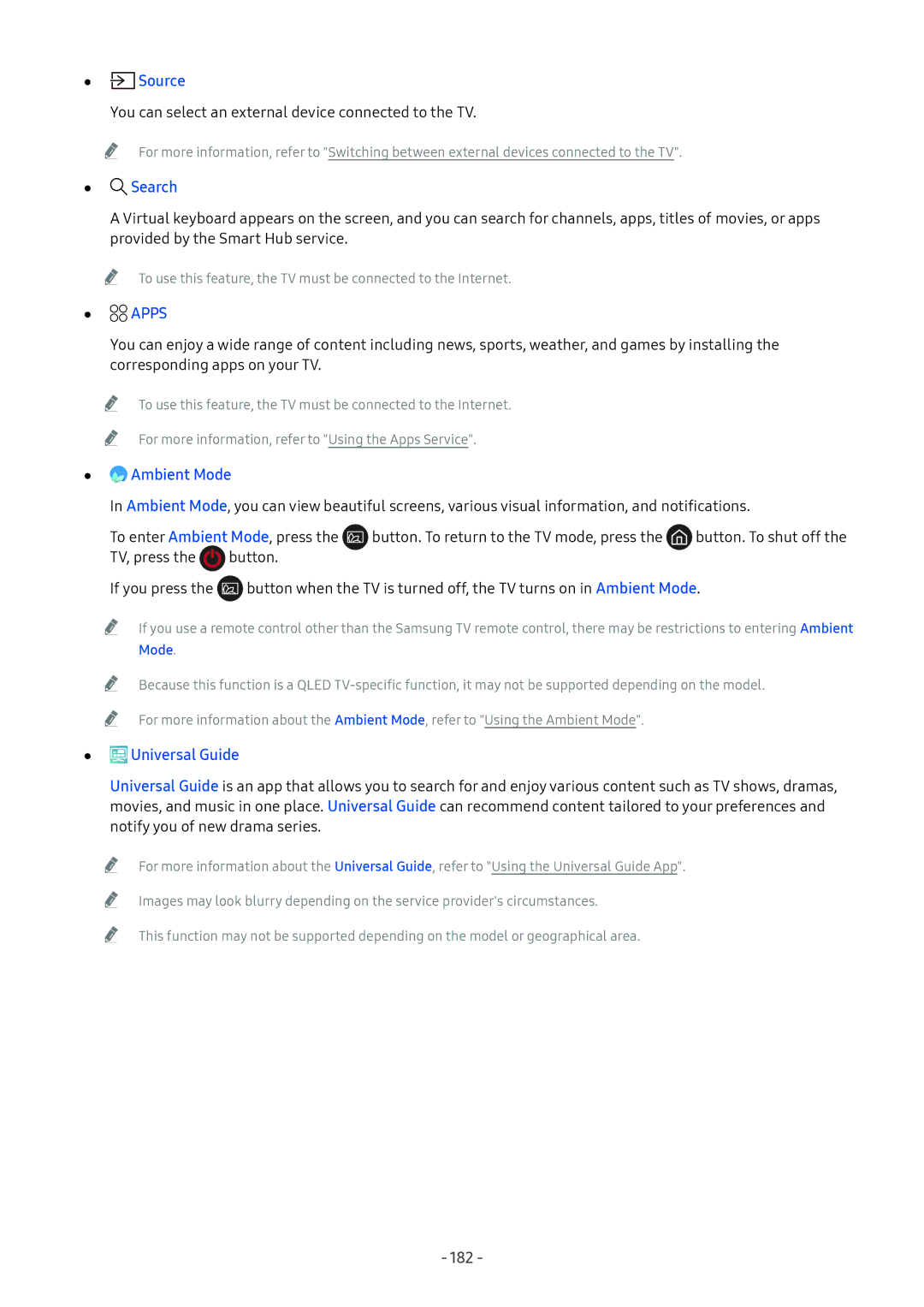 Samsung UA65NU7400KXXV, UA55NU7100KXXV, UA65NU7100KXXV, UA82NU8000KXXV manual Source, Search, Apps, Universal Guide, 182 