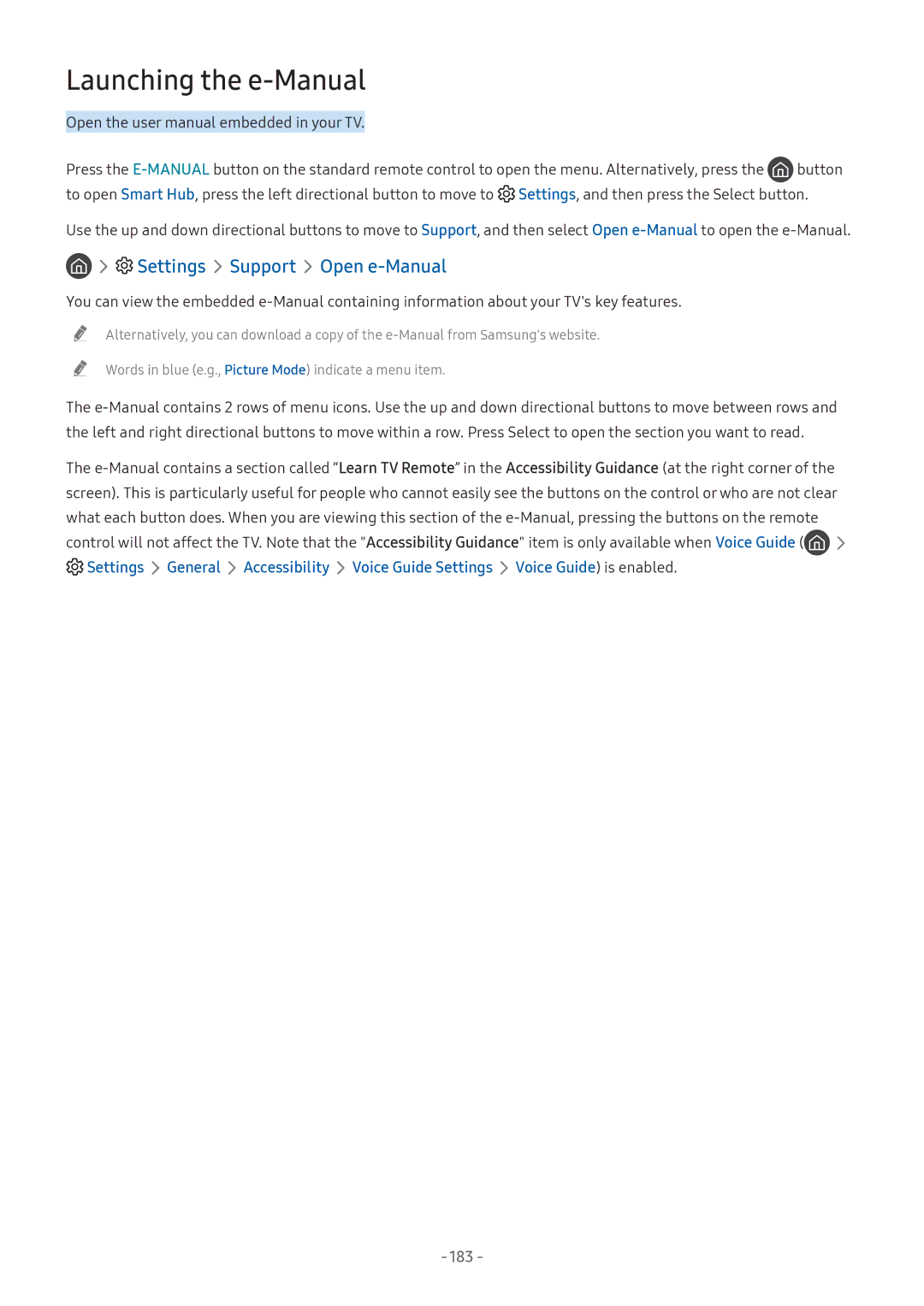Samsung UA65NU8000KXXV, UA55NU7100KXXV, UA65NU7100KXXV, UA82NU8000KXXV, QA65Q8CNAKXXV manual Launching the e-Manual, 183 