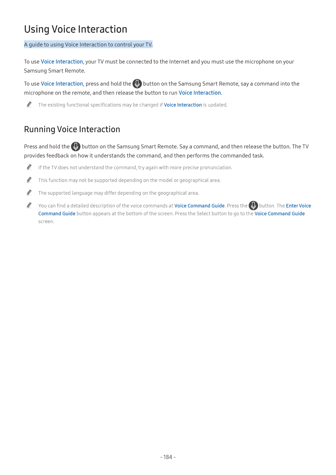 Samsung QA65Q9FNAKXXV, UA55NU7100KXXV, UA65NU7100KXXV, UA82NU8000KXXV, QA65Q8CNAKXXV manual Using Voice Interaction, 184 