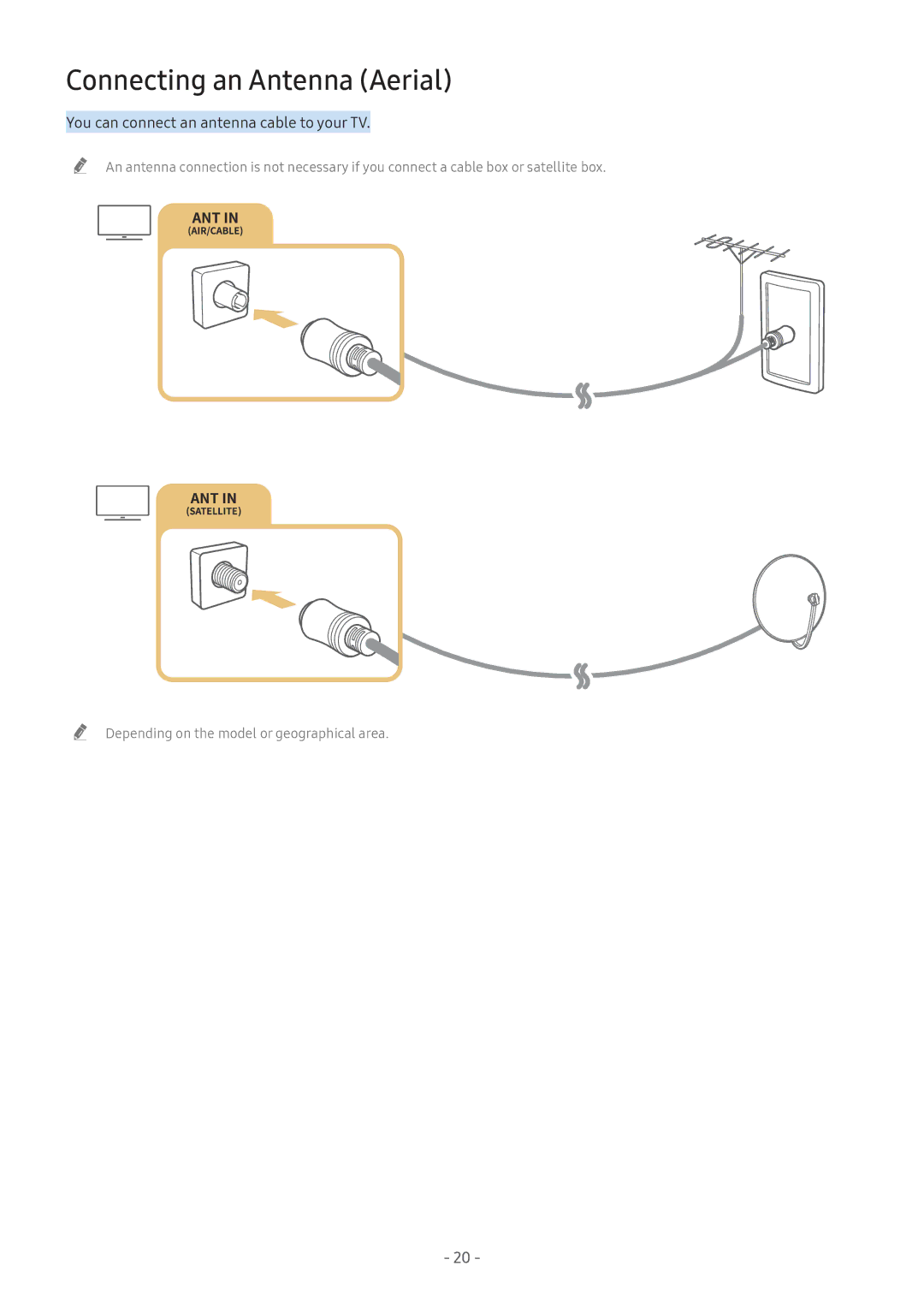 Samsung QA65Q7FNAKXXV, UA55NU7100KXXV manual Connecting an Antenna Aerial, You can connect an antenna cable to your TV 