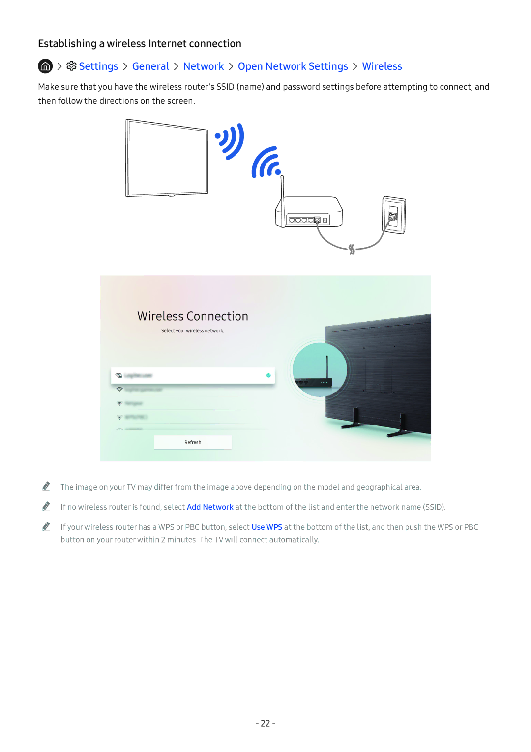 Samsung UA50NU7400KXXV, UA55NU7100KXXV, UA65NU7100KXXV, UA82NU8000KXXV manual Establishing a wireless Internet connection 