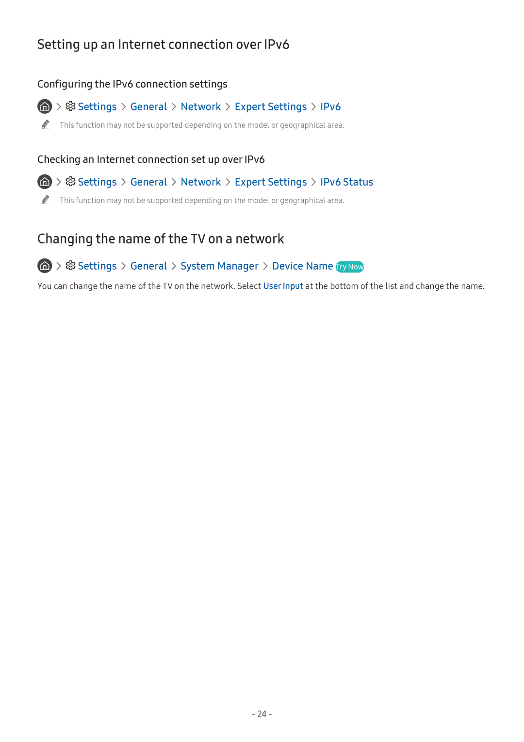 Samsung QA55Q7FNAKXXV, QA65Q8CNAKXXV Setting up an Internet connection over IPv6, Changing the name of the TV on a network 
