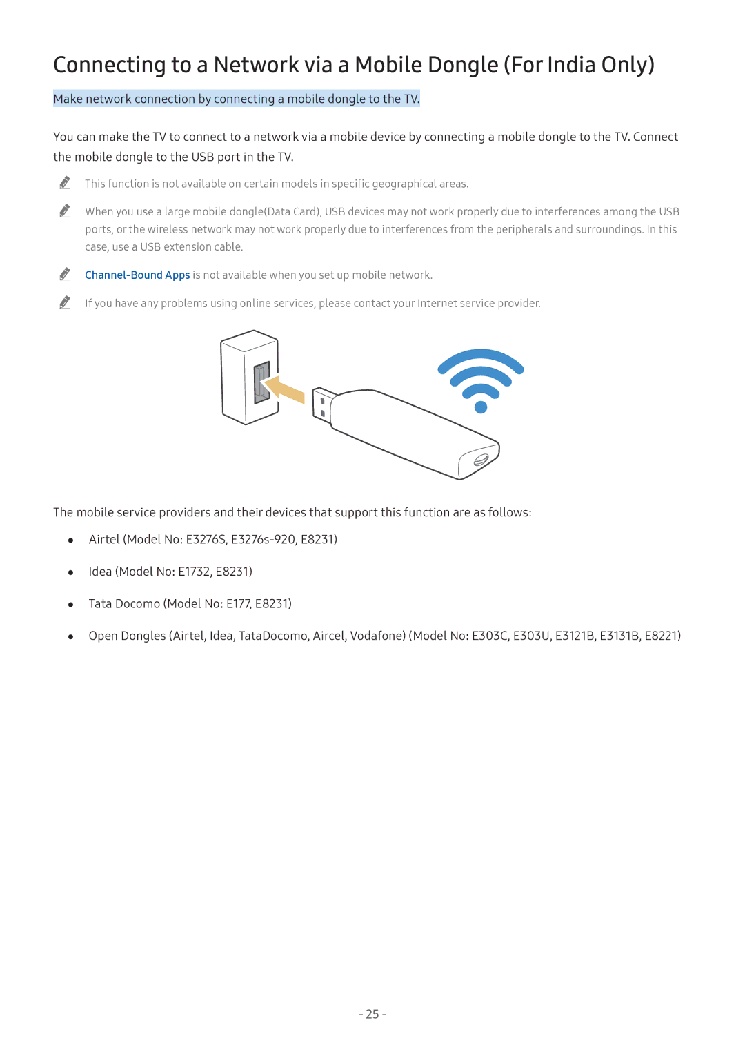 Samsung UA49NU7300KXXV, UA55NU7100KXXV, UA65NU7100KXXV manual Connecting to a Network via a Mobile Dongle For India Only 