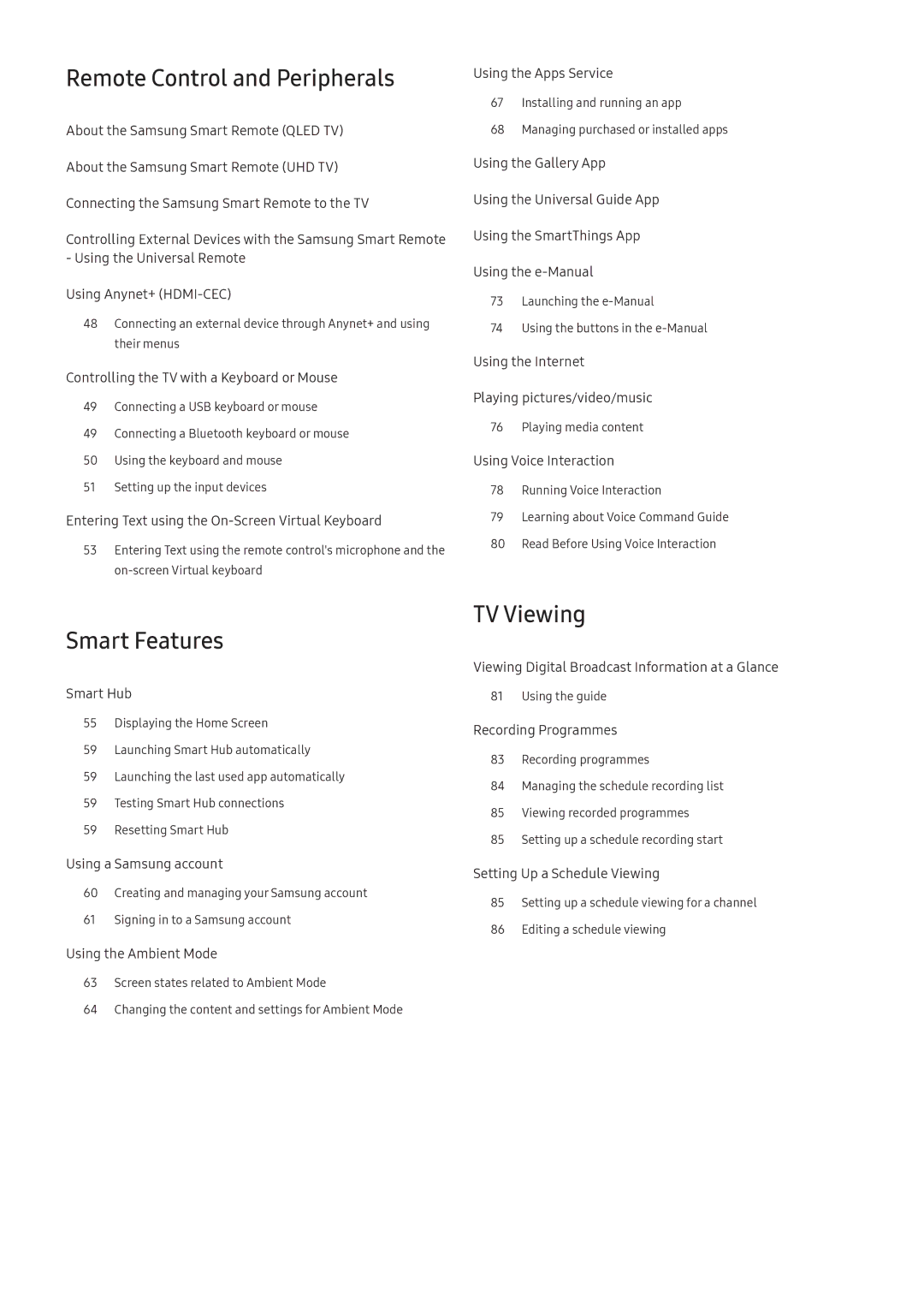 Samsung QA65Q8CNAKXXV, UA55NU7100KXXV, UA65NU7100KXXV manual Remote Control and Peripherals, Smart Features, TV Viewing 