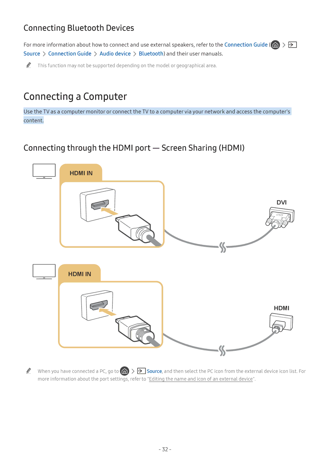 Samsung QA65Q8CNAKXXV, UA55NU7100KXXV, UA65NU7100KXXV, UA82NU8000KXXV Connecting a Computer, Connecting Bluetooth Devices 