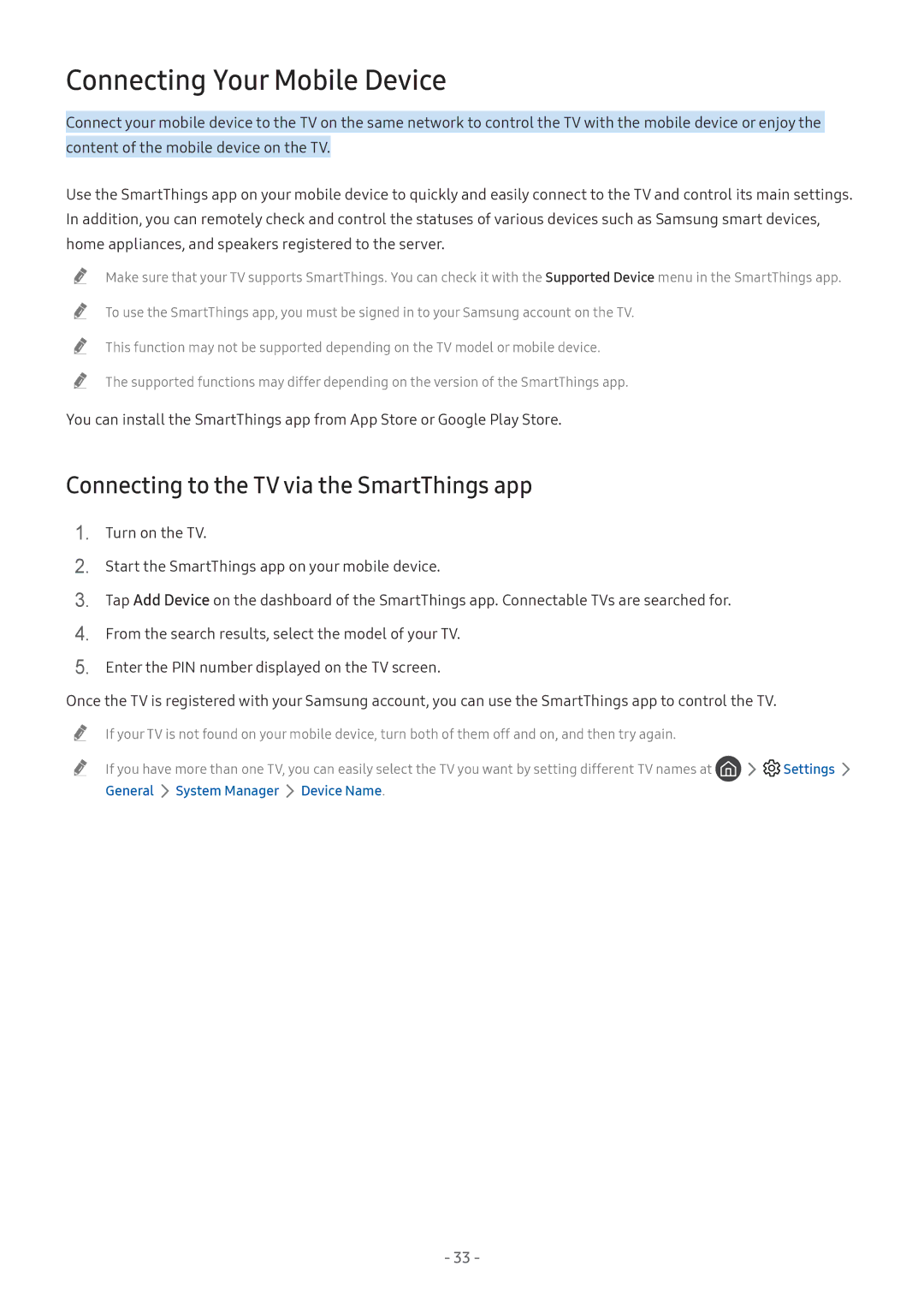 Samsung QA75Q9FNAKXXV, UA55NU7100KXXV manual Connecting Your Mobile Device, Connecting to the TV via the SmartThings app 