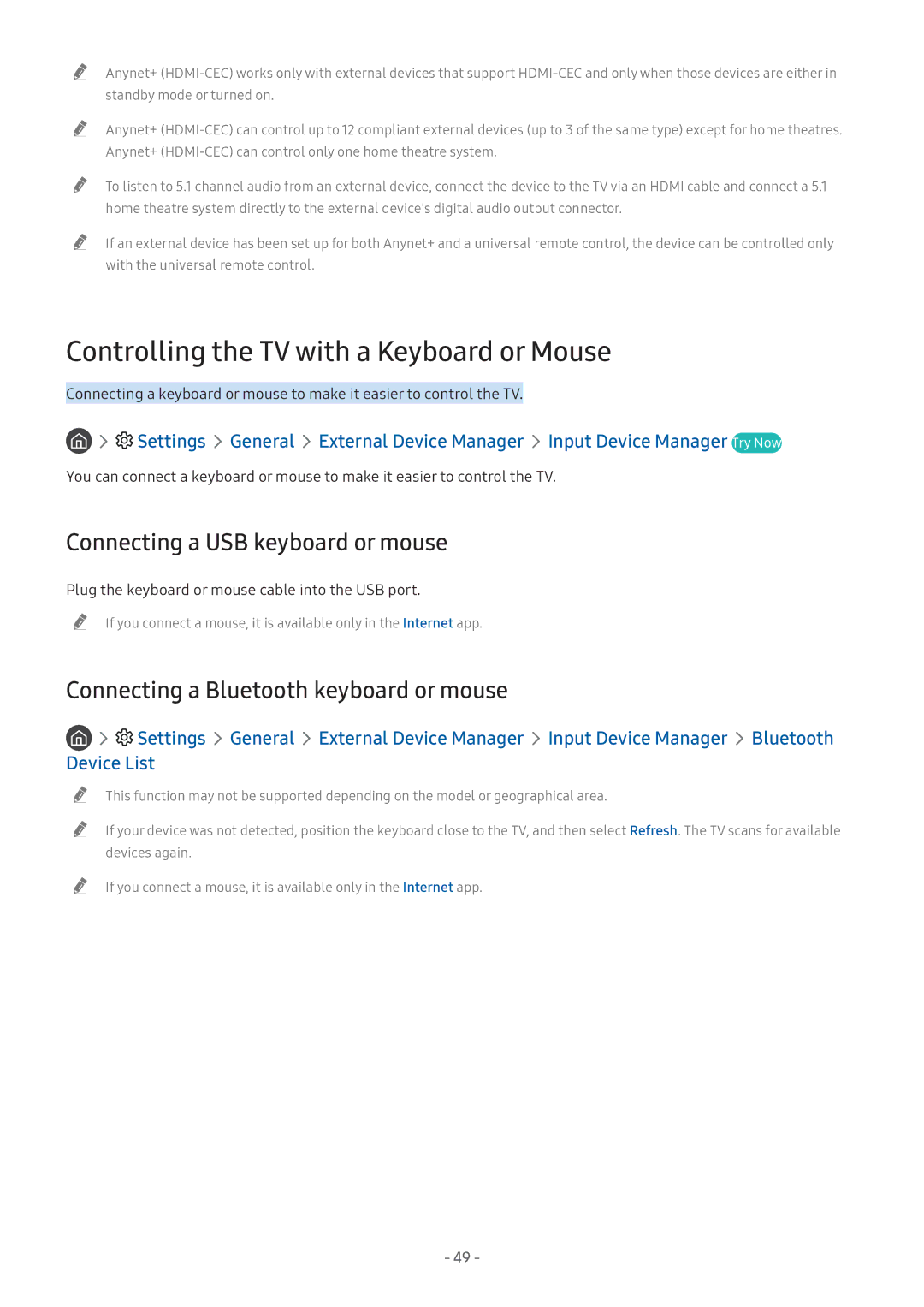 Samsung QA65Q7FNAKXXV manual Controlling the TV with a Keyboard or Mouse, Connecting a USB keyboard or mouse, Device List 