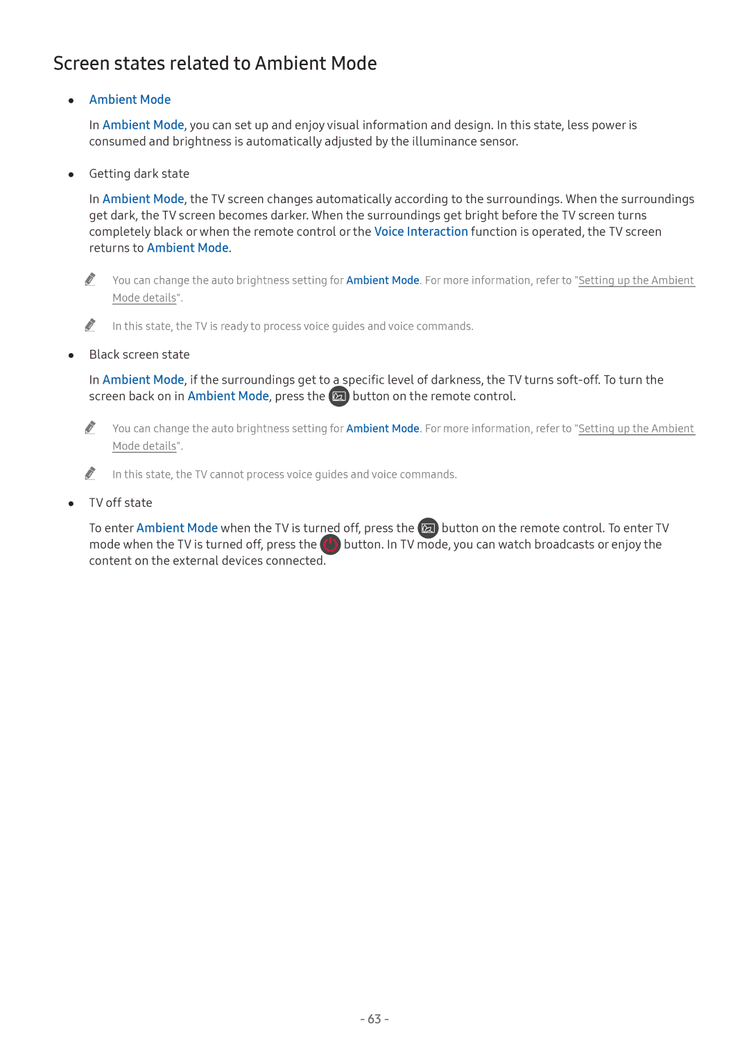 Samsung UA43NU7400KXXV, UA55NU7100KXXV, UA65NU7100KXXV, UA82NU8000KXXV, QA65Q8CNAKXXV Screen states related to Ambient Mode 
