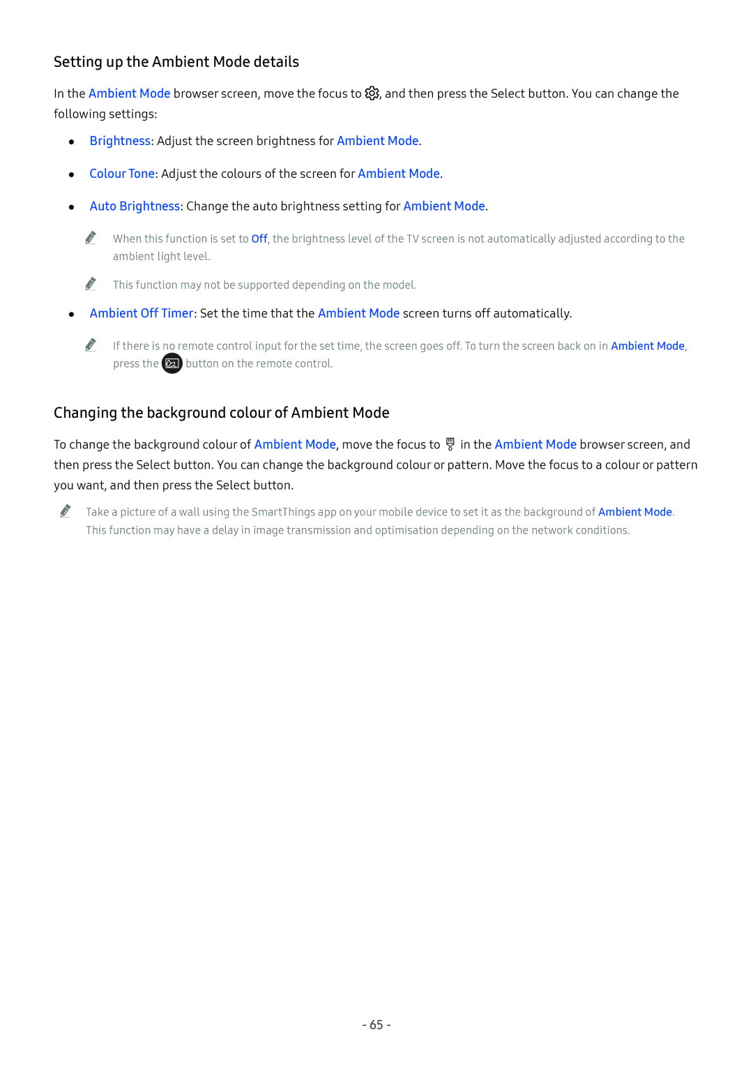 Samsung UA58NU7103KXXV, UA55NU7100KXXV, UA65NU7100KXXV, UA82NU8000KXXV, QA65Q8CNAKXXV Setting up the Ambient Mode details 