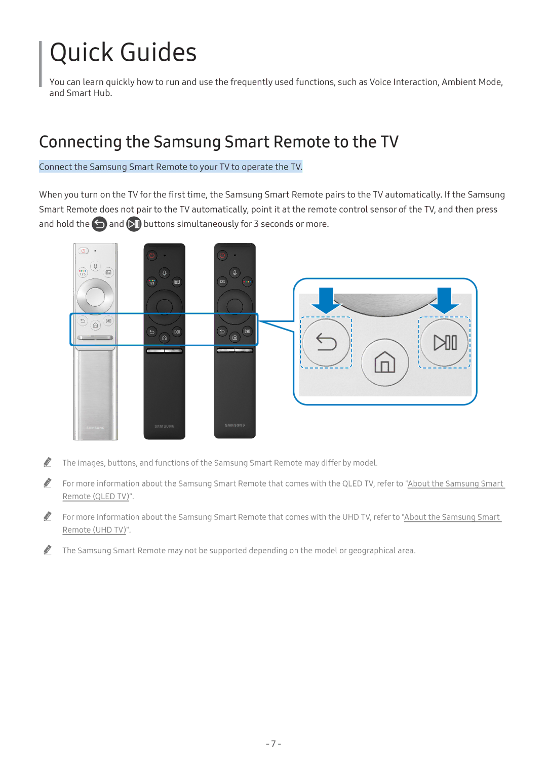 Samsung UA58NU7103KXXV, UA55NU7100KXXV, UA65NU7100KXXV manual Quick Guides, Connecting the Samsung Smart Remote to the TV 