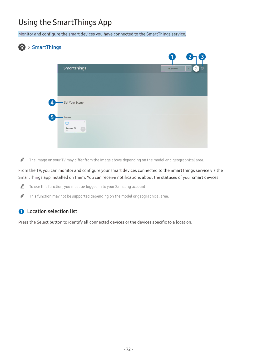 Samsung UA55NU7400KXXV, UA55NU7100KXXV, UA65NU7100KXXV, UA82NU8000KXXV Using the SmartThings App,  Location selection list 