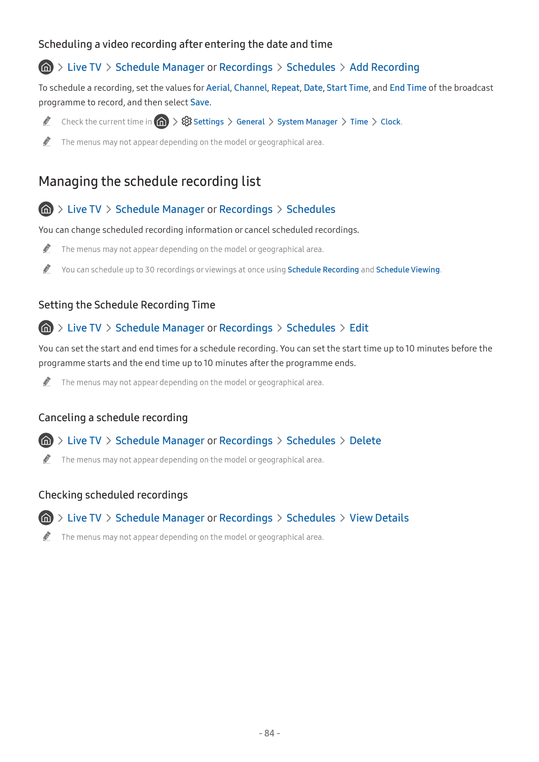 Samsung UA55NU7300KXXV manual Managing the schedule recording list, Live TV Schedule Manager or Recordings Schedules 