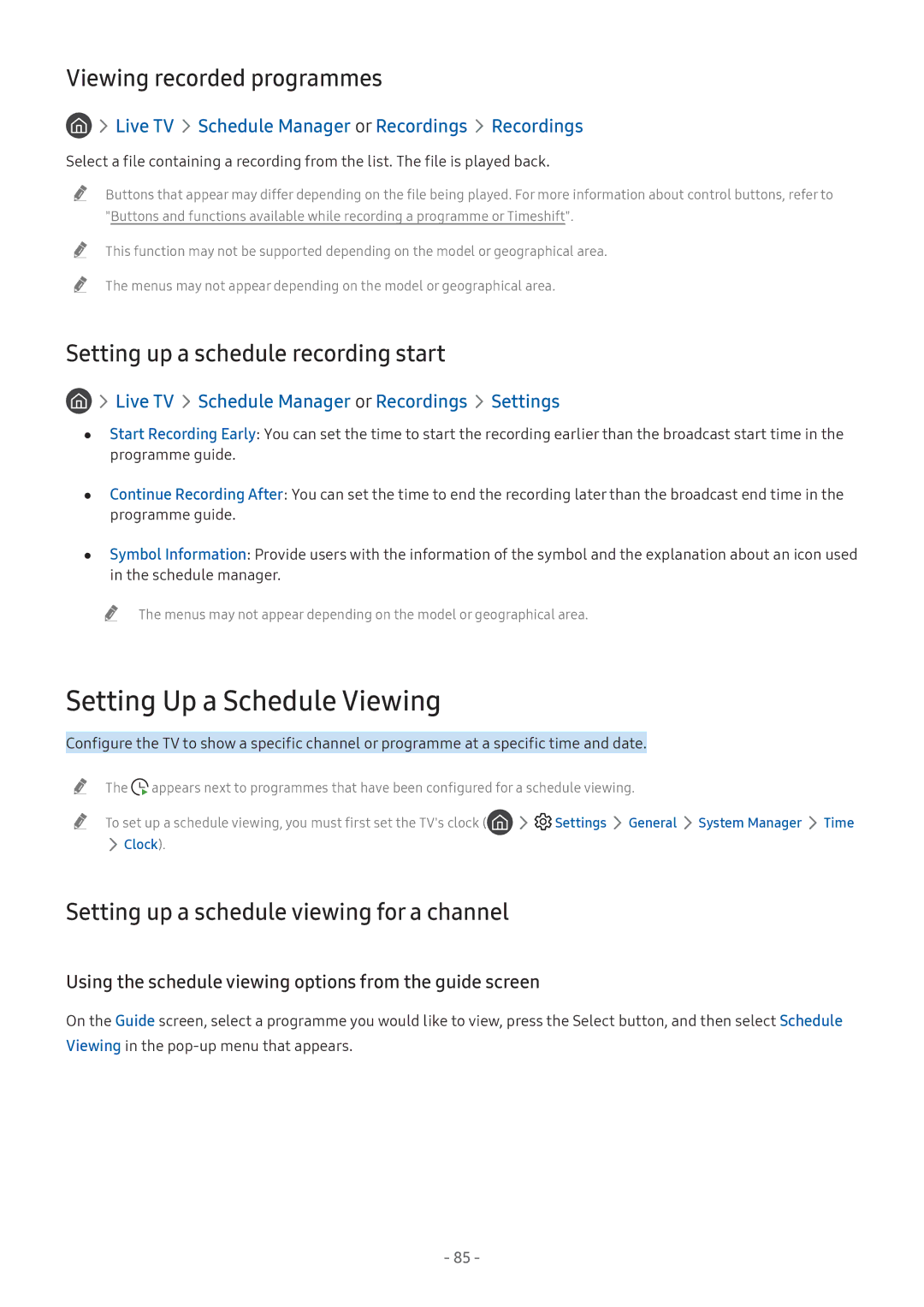 Samsung UA65NU7500KXXV Setting Up a Schedule Viewing, Viewing recorded programmes, Setting up a schedule recording start 