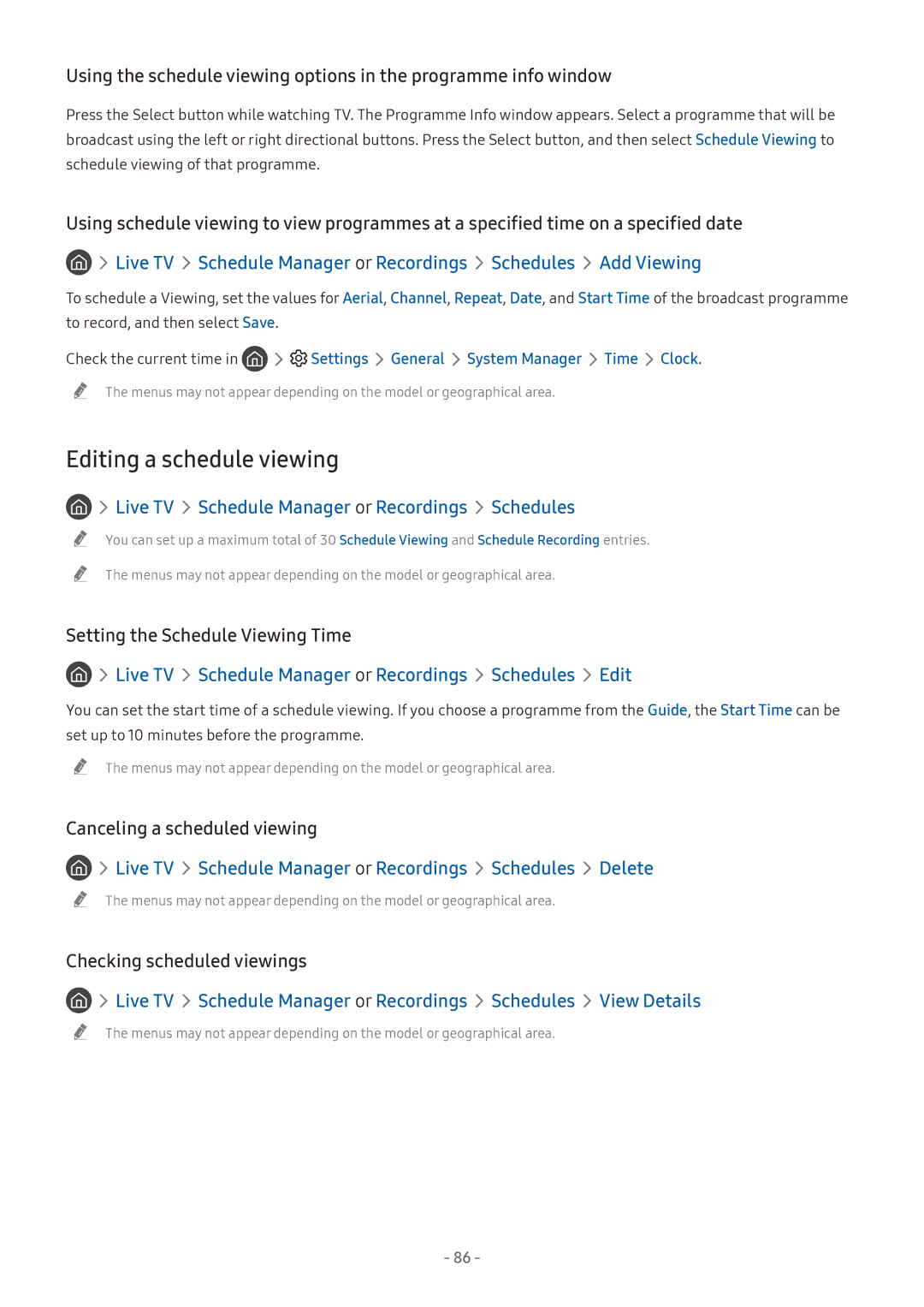 Samsung UA75NU7100KXXV manual Editing a schedule viewing, Setting the Schedule Viewing Time, Canceling a scheduled viewing 