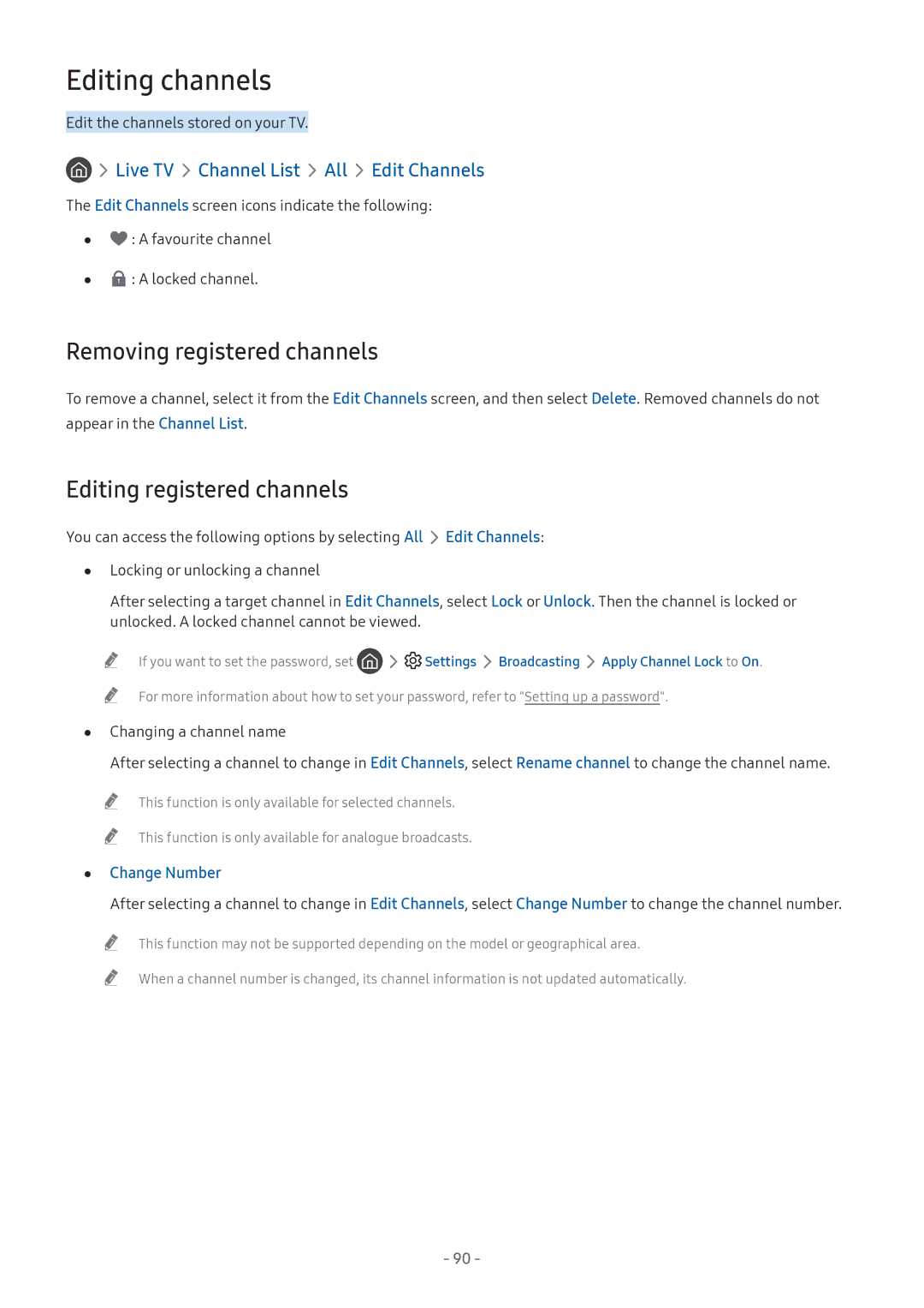 Samsung QA65Q8CNAKXXV manual Editing channels, Removing registered channels, Editing registered channels, Change Number 