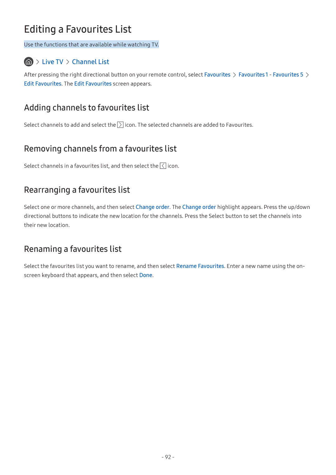 Samsung UA43NU7400KXXV manual Editing a Favourites List, Adding channels to favourites list, Rearranging a favourites list 