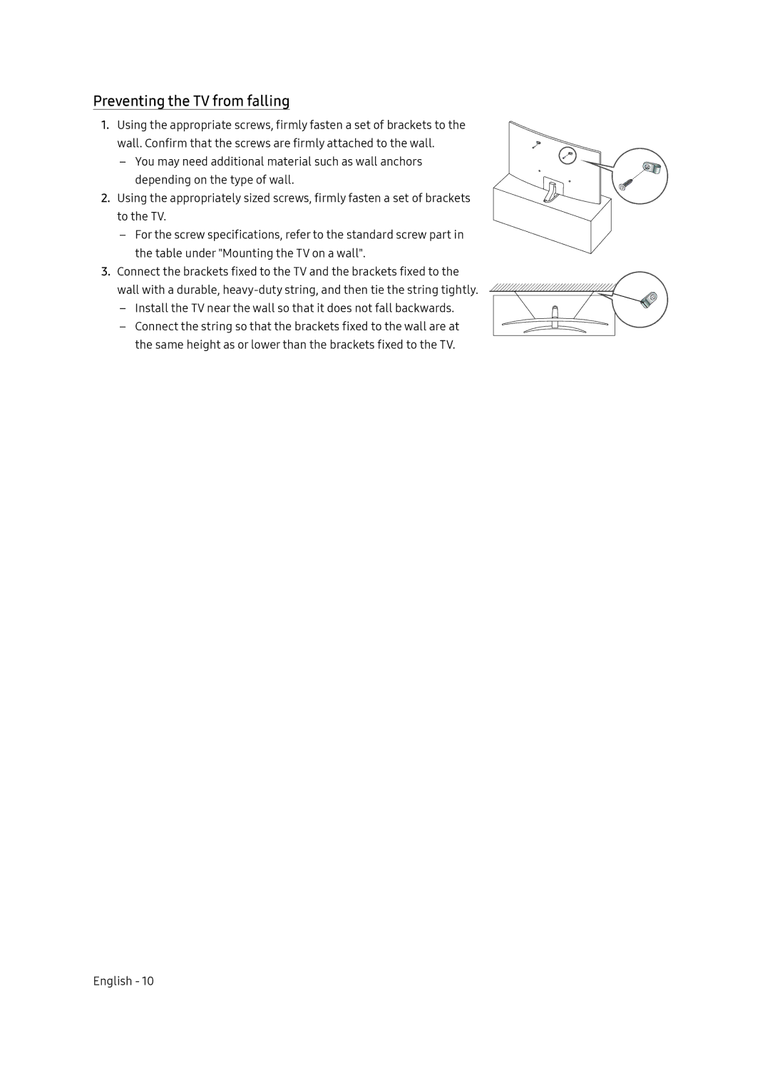 Samsung UA55NU8500KXXV, UA65NU8500KXXV manual Preventing the TV from falling 